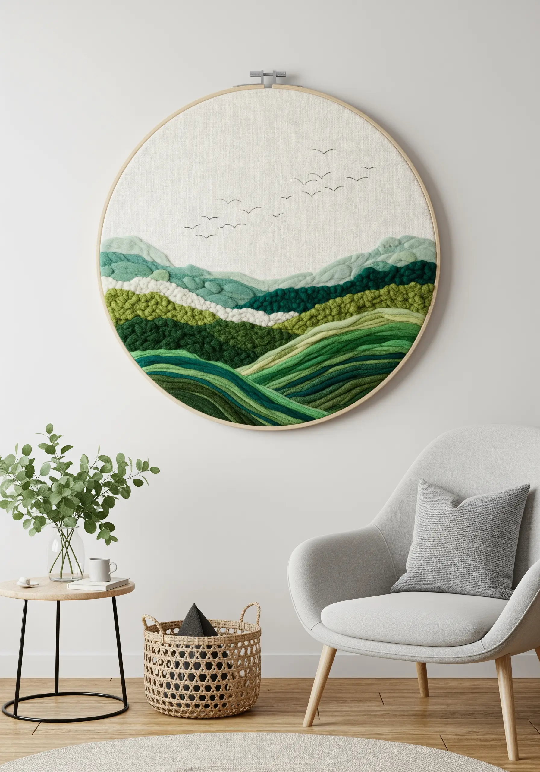 Embroidered landscape using various textures like French knots, satin stitch, and yarn.