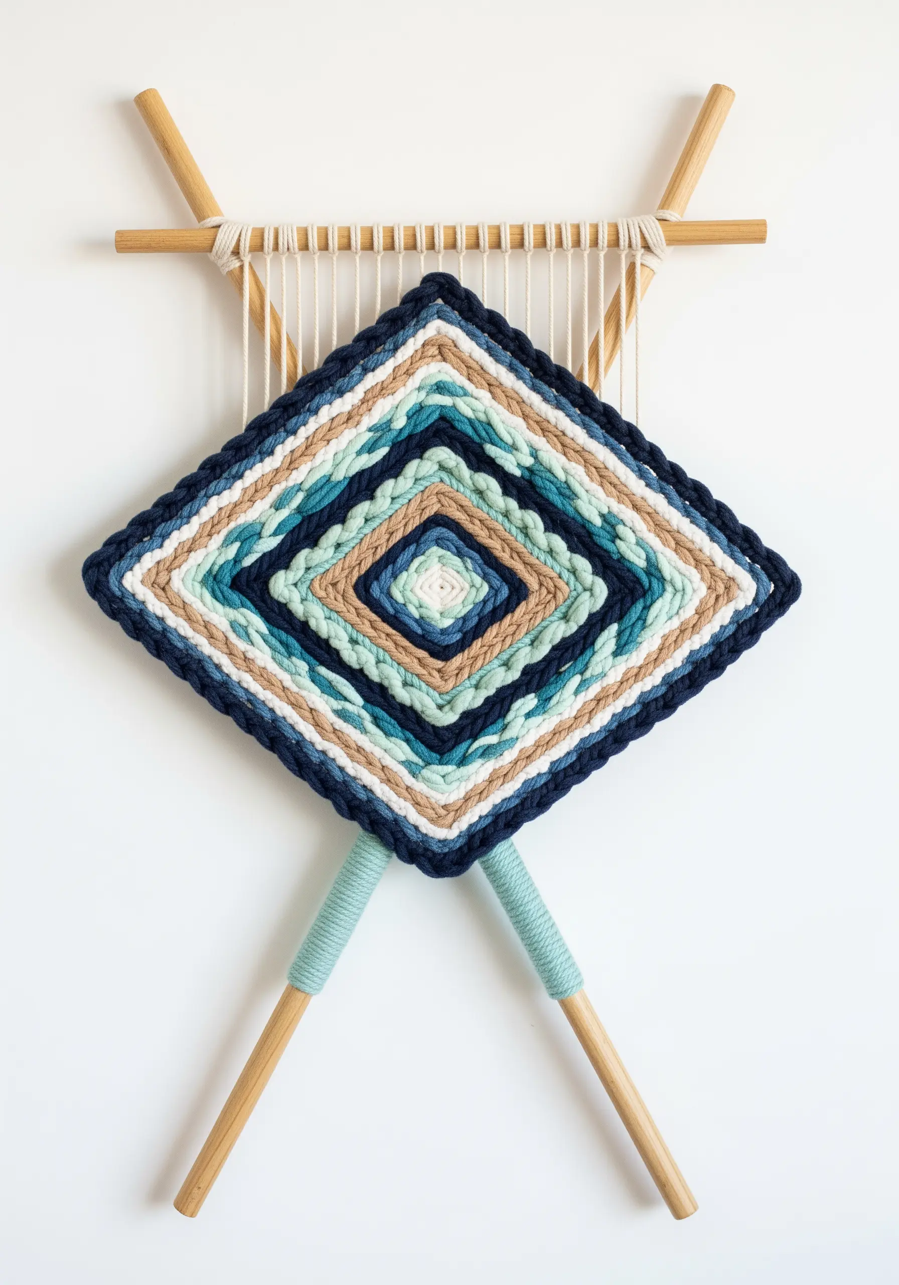 A square God's Eye weaving with concentric colors of blue, teal, and beige on crossed dowels.