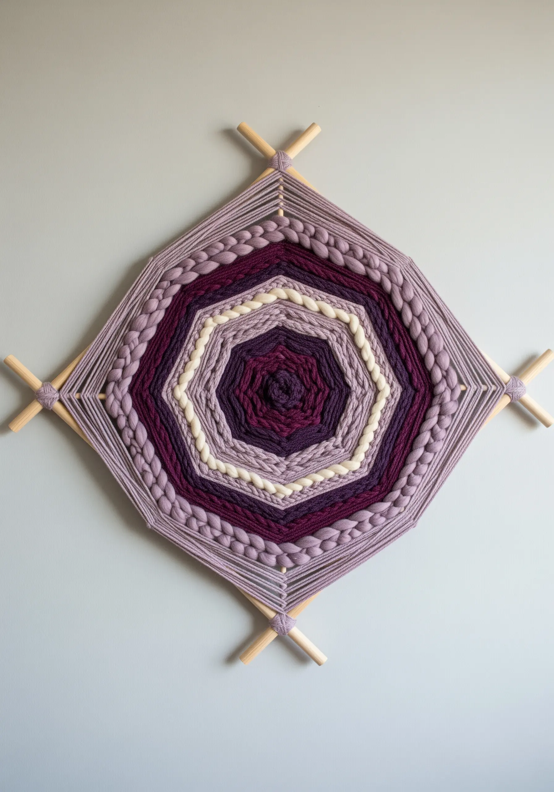 A woven yarn mandala in shades of purple and cream on a frame of crossed wooden dowels.