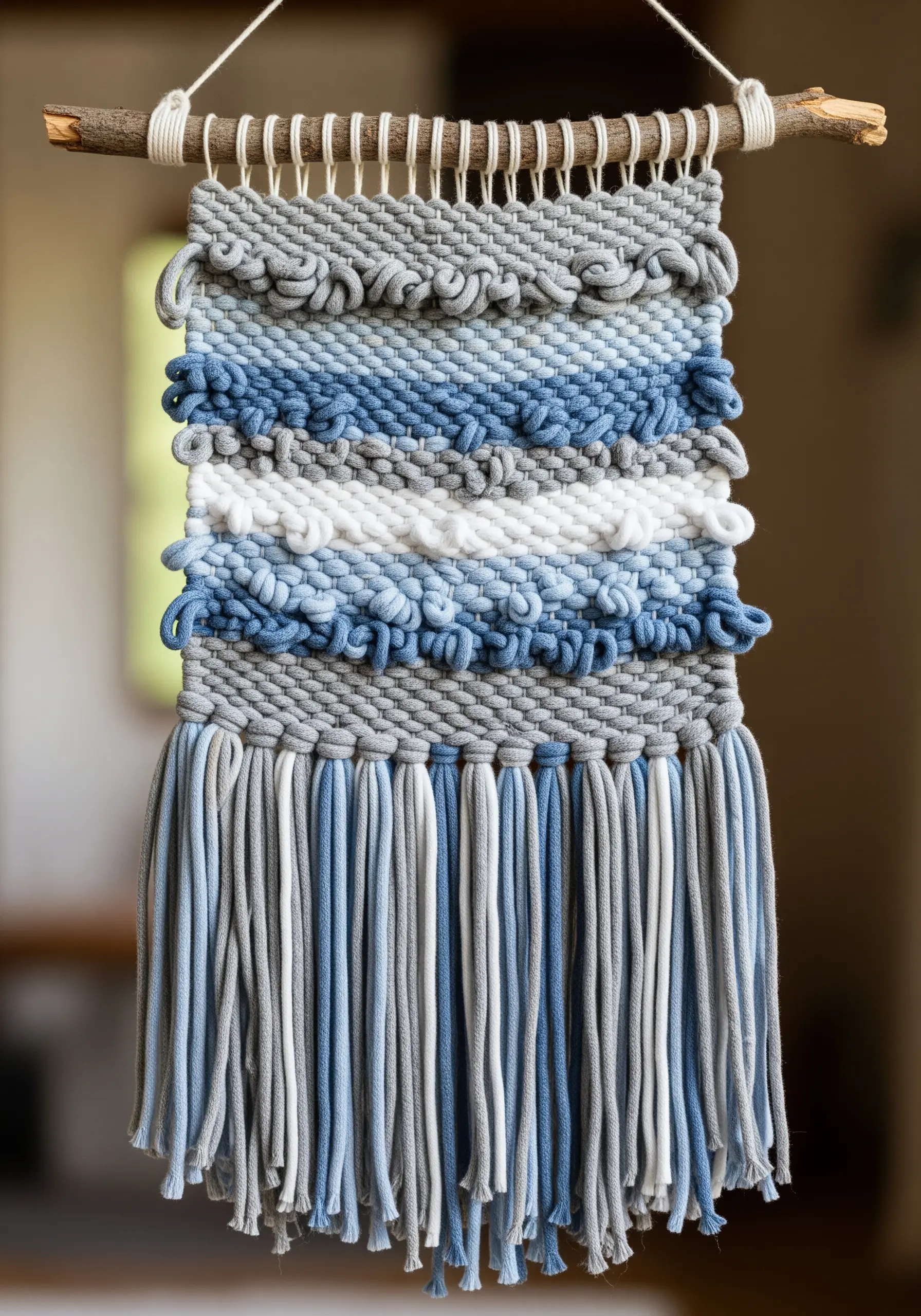 A small, textural woven wall hanging in shades of blue, grey, and white on a natural branch.