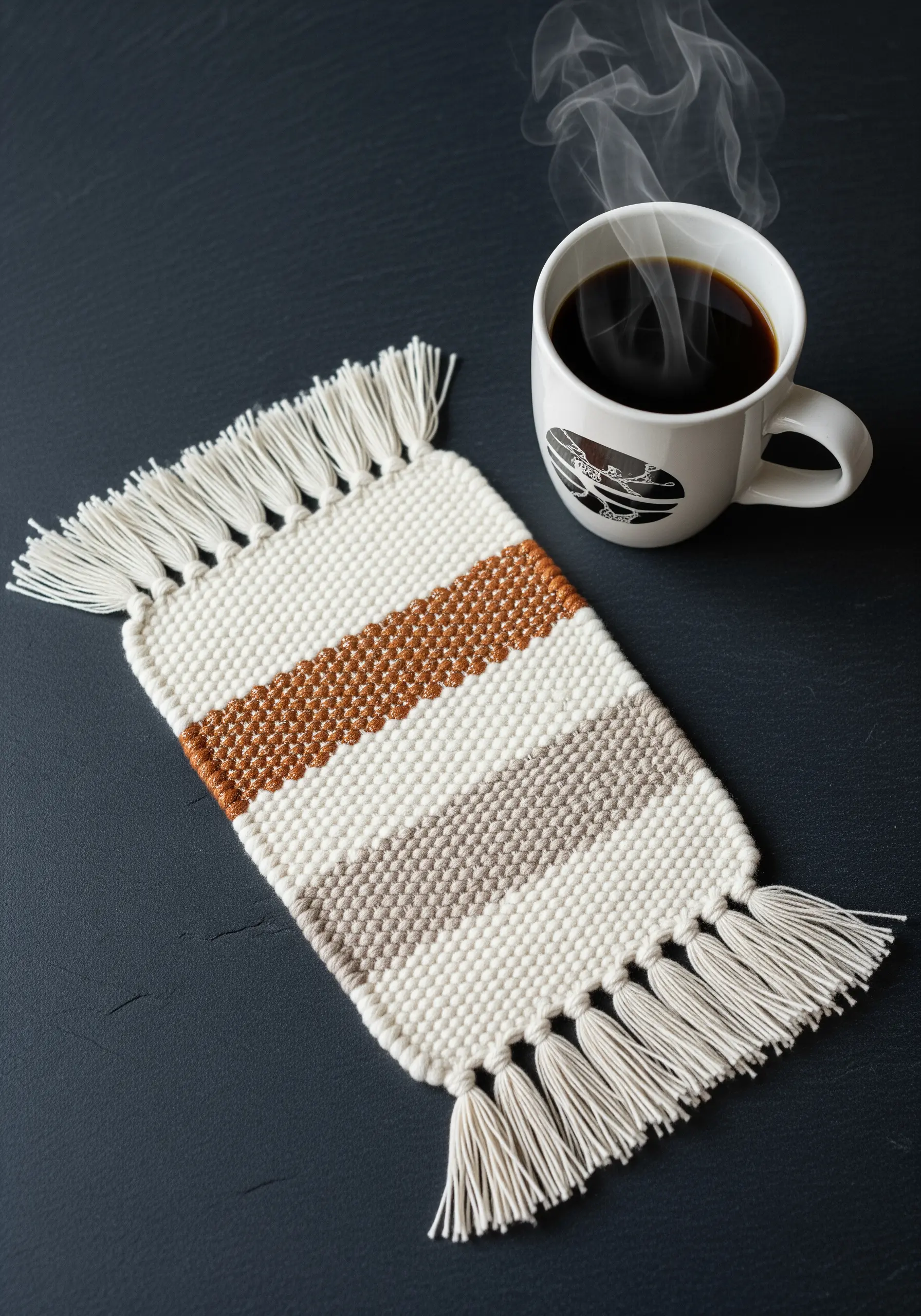 A small woven mug rug with neutral-toned stripes and a tidy fringe on both ends.