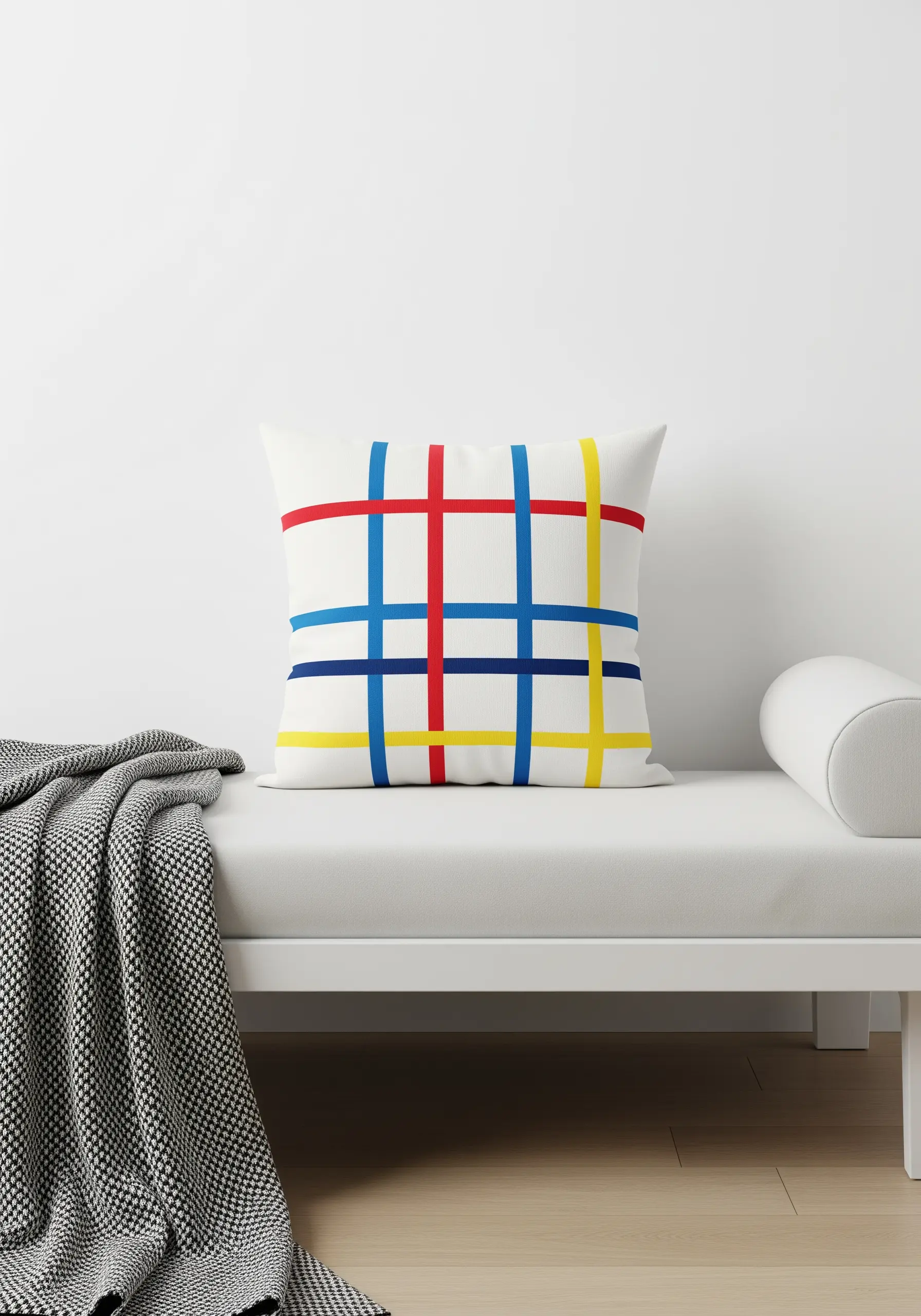 A white pillow with a grid pattern made from red, yellow, and blue fabric strips.