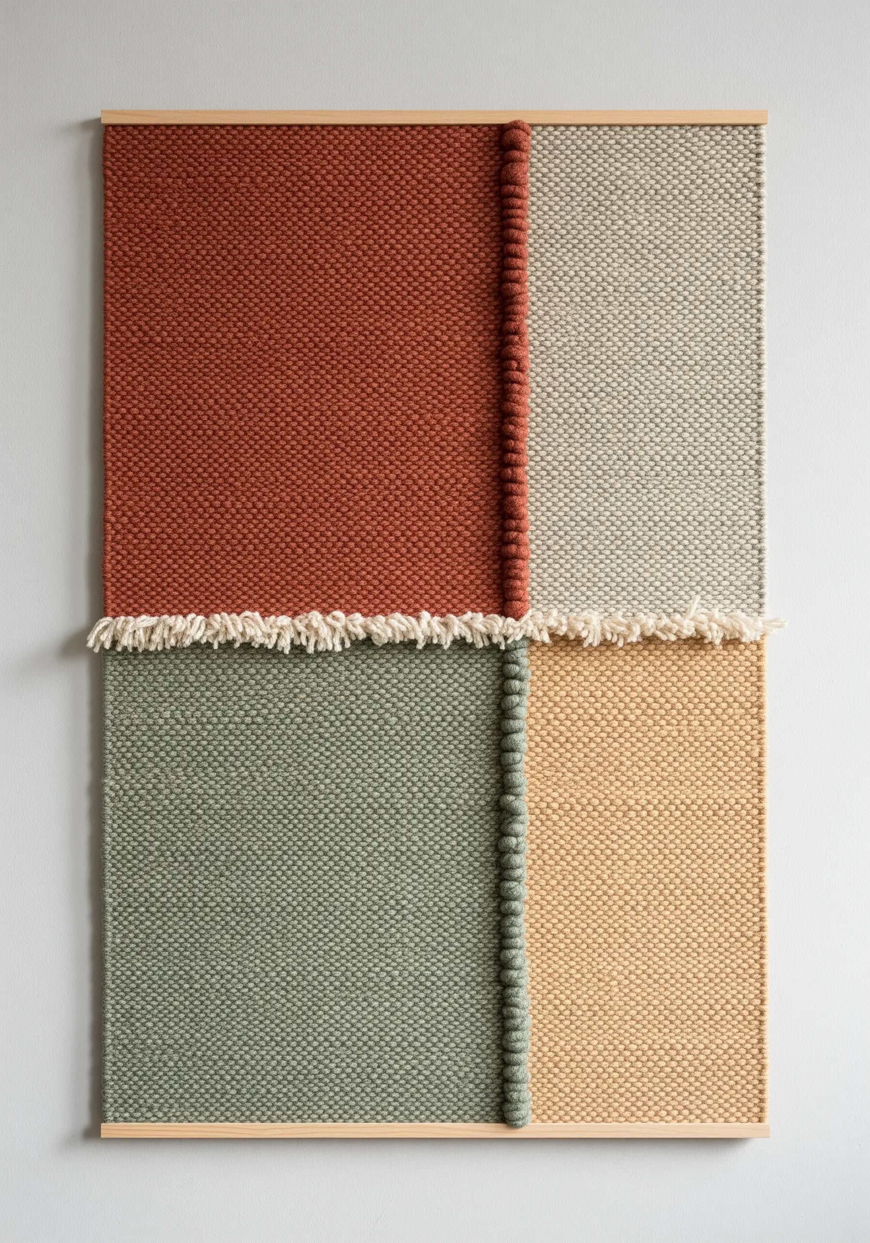 A woven wall hanging with four color blocks in terracotta, beige, sage, and ochre.