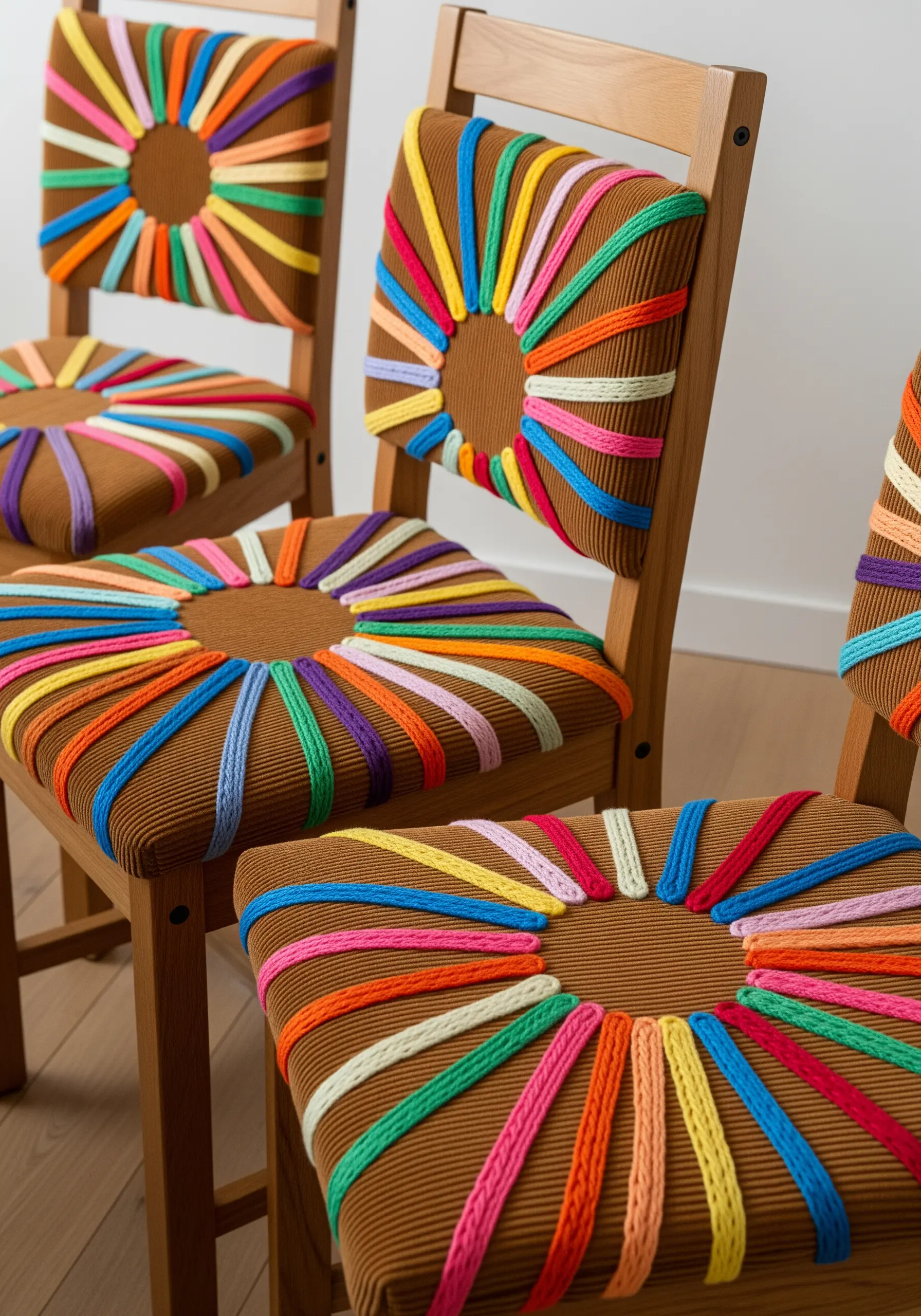 Dining chairs with seats and backs wrapped in colorful yarn to create a sunburst pattern.