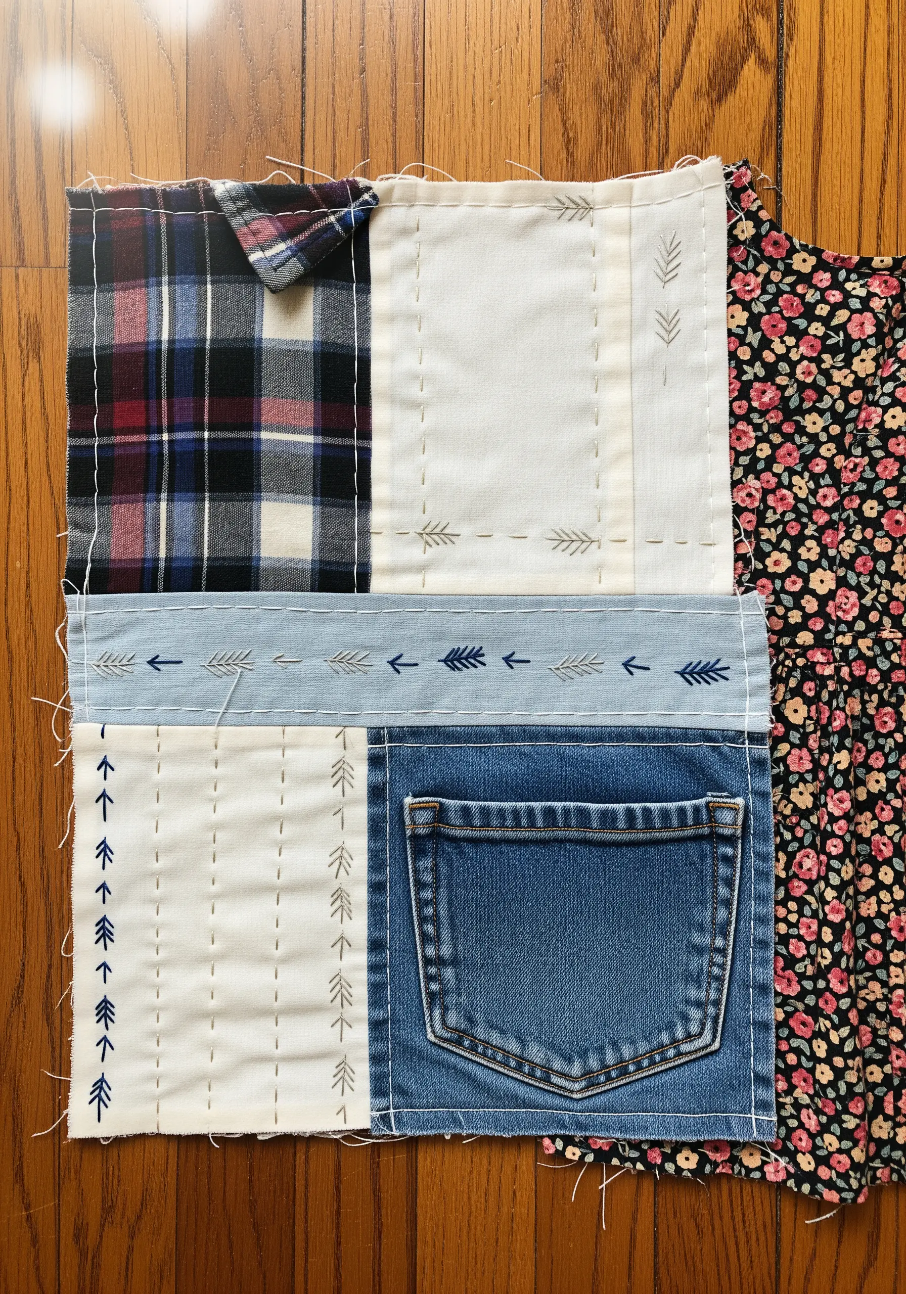 A memory quilt collage made from pieces of a flannel shirt, denim pocket, and floral dress fabric.