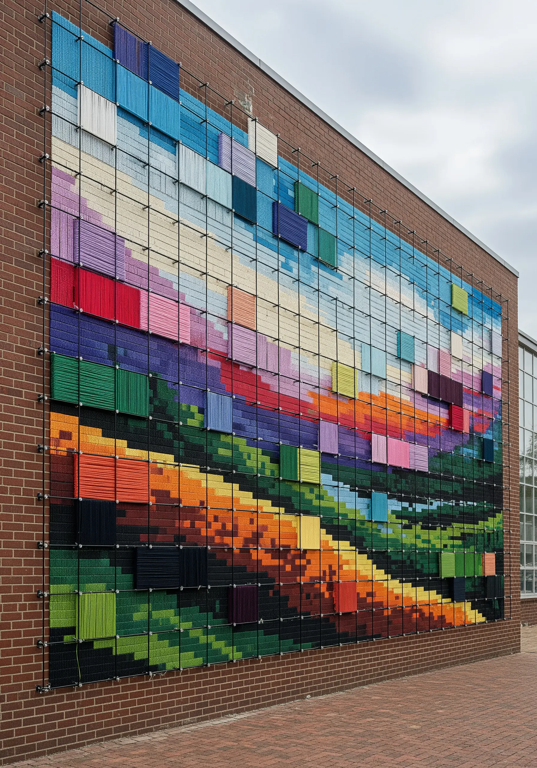 A large pixelated mural on a brick wall, made from colorful yarn stretched across a grid.