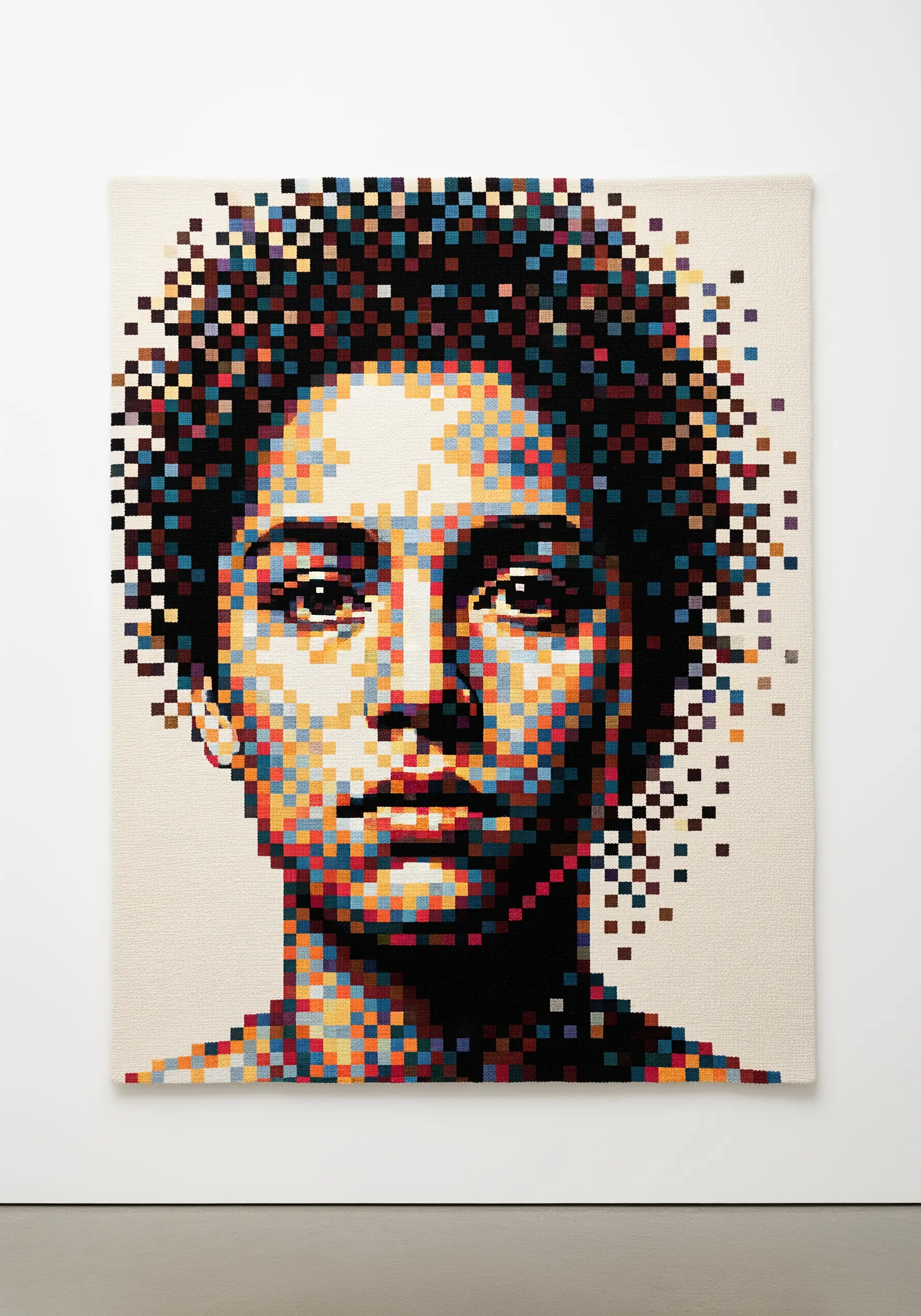 A large woven tapestry of a person's face, constructed from small, distinct squares of color.