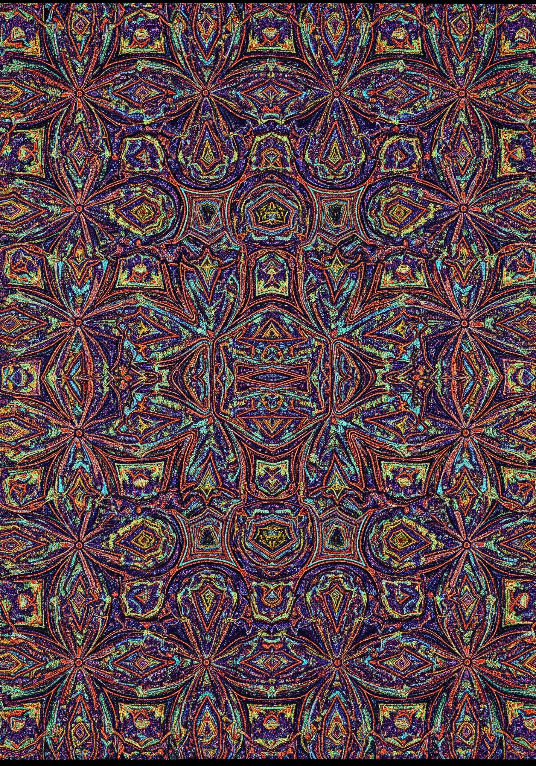 A complex, symmetrical kaleidoscope pattern in multiple neon colors on a dark background.