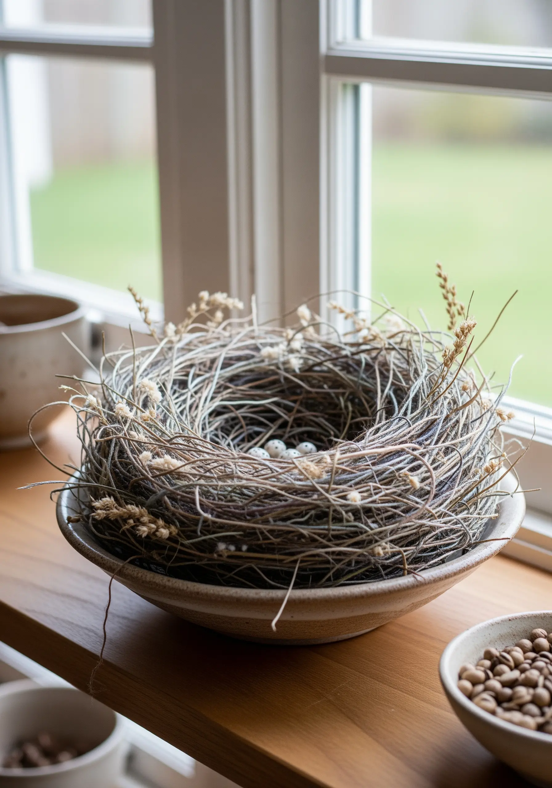 A realistic, sculptural bird's nest made from woven threads, twigs, and dried botanicals in a bowl.
