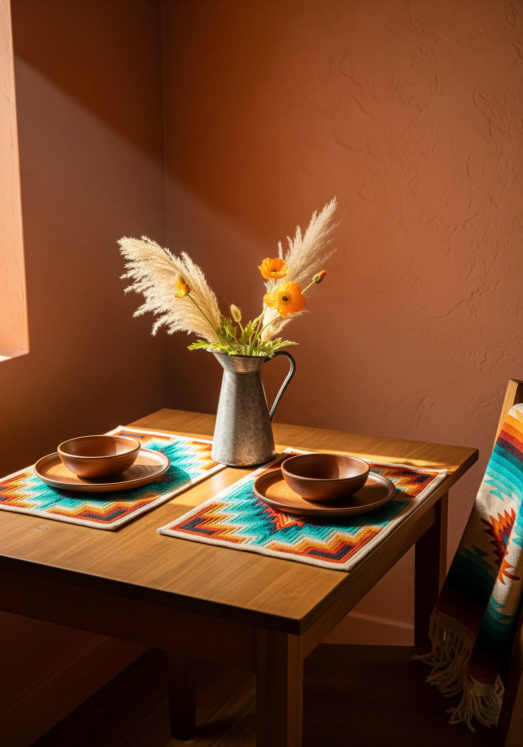 Placemats with a colorful, geometric Southwestern-inspired embroidery pattern