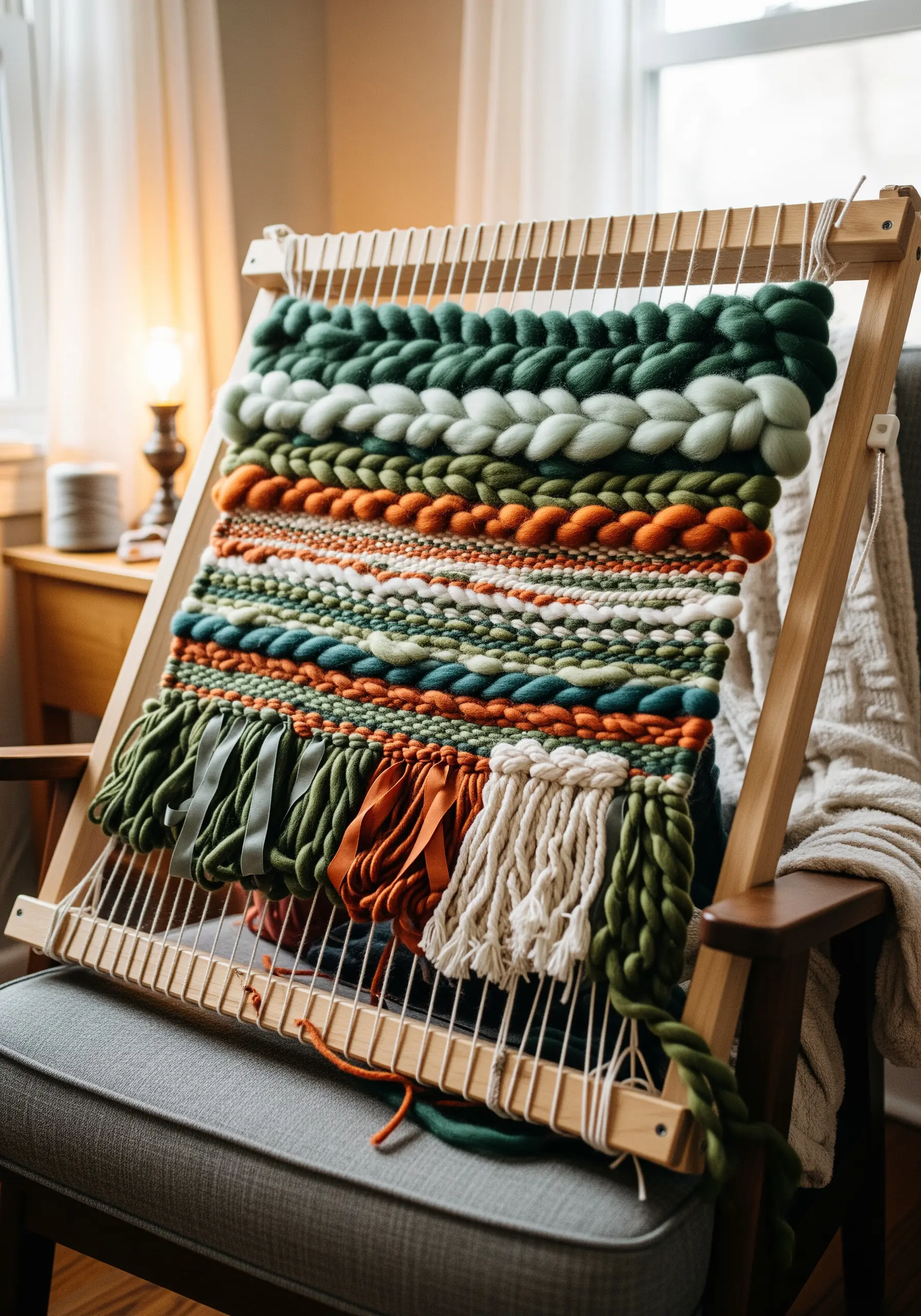 A complex woven wall hanging on a loom, featuring greens, oranges, and creams.