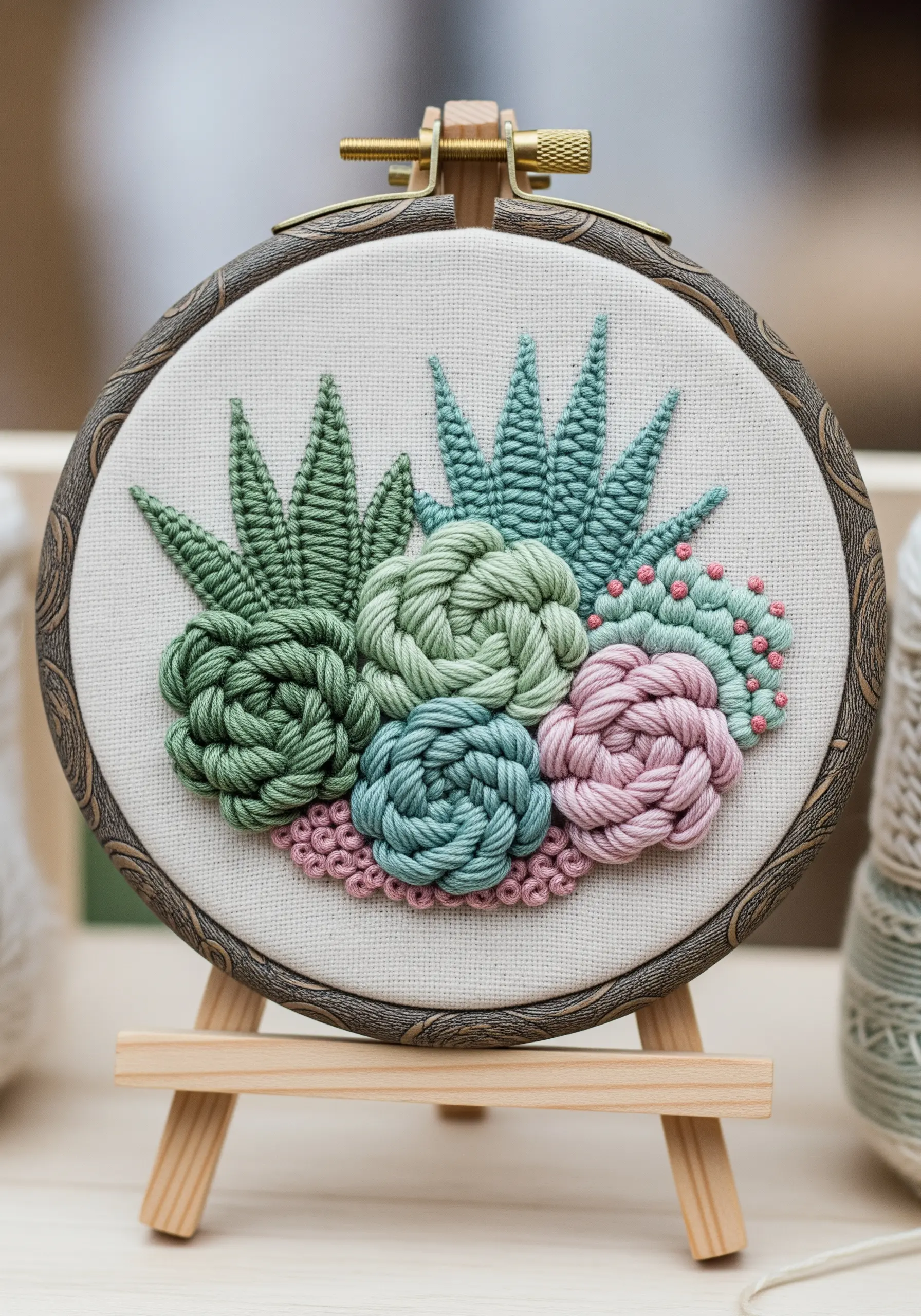 A textured succulent bouquet embroidery using woven wheel stitches and French knots in a decorative hoop.