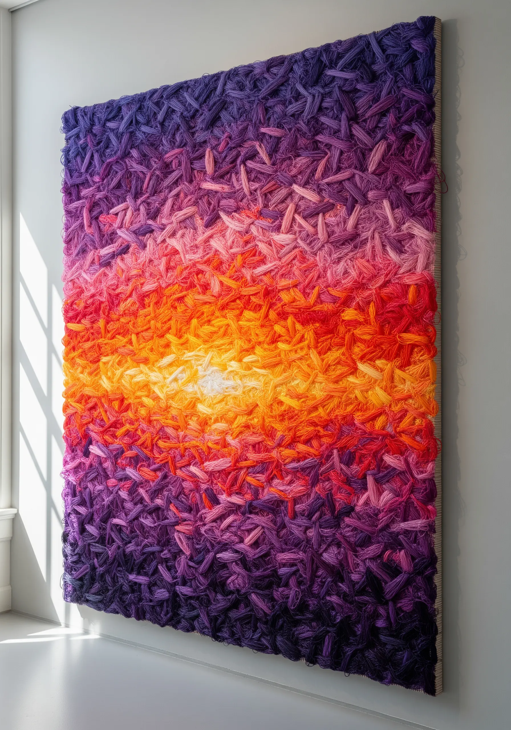 A large textile wall art piece depicting a sunset with dense, textured stitches in purple, pink, and orange