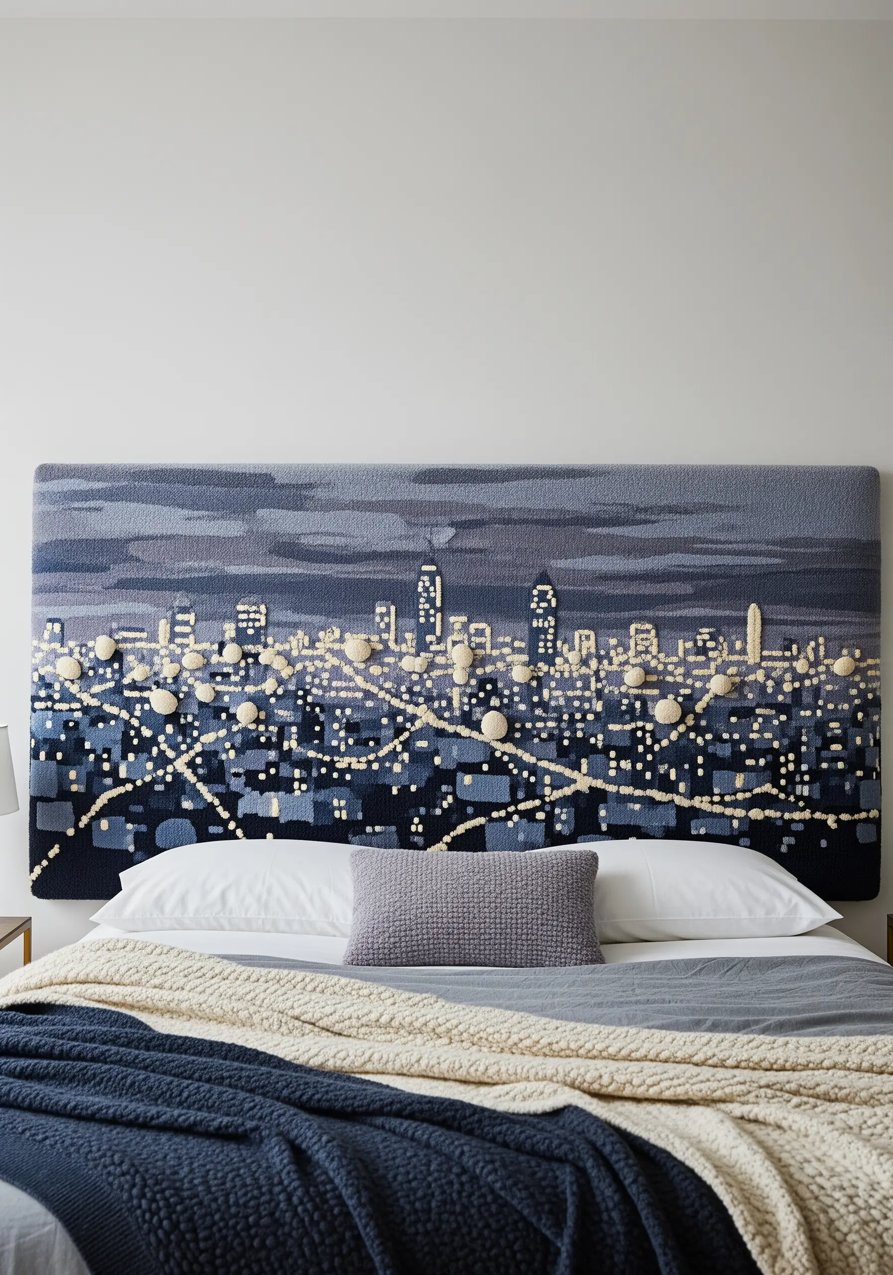 A textured, woven headboard depicting a city skyline at night with large, soft knots for lights.