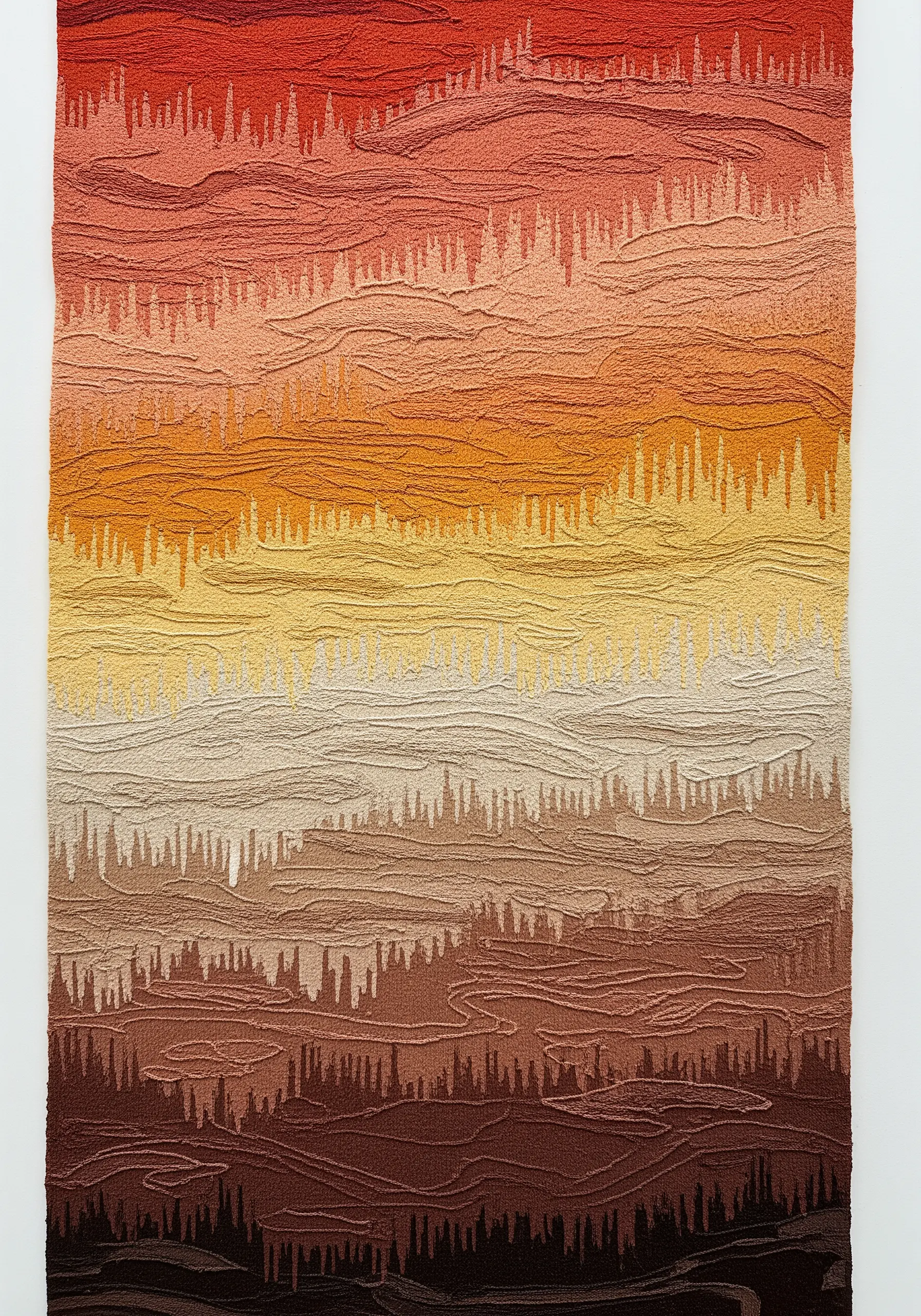 Abstract landscape embroidery with a dense, woven texture in shades of orange and brown.