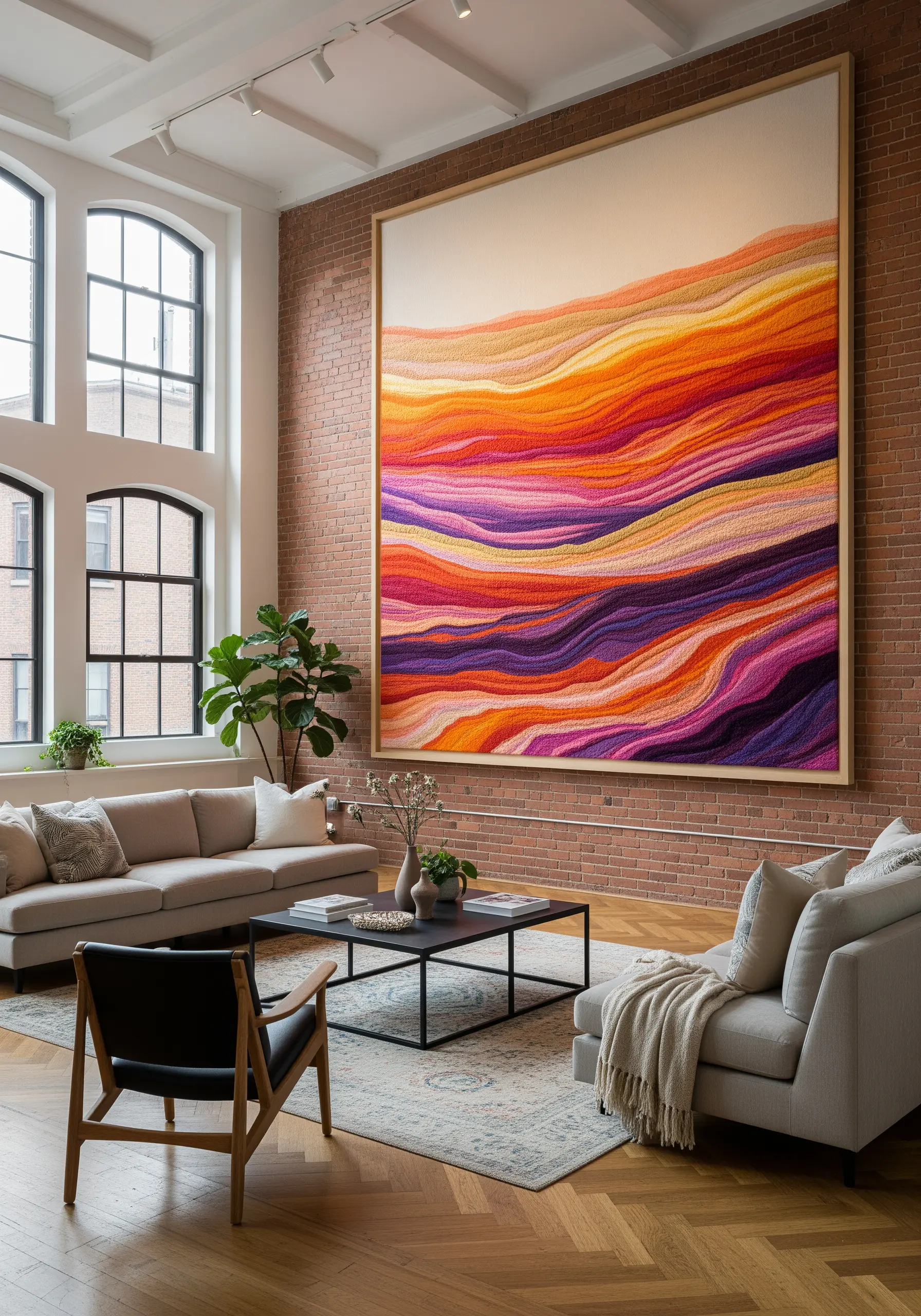 A massive, wall-sized embroidery of an abstract sunset landscape in a modern loft.