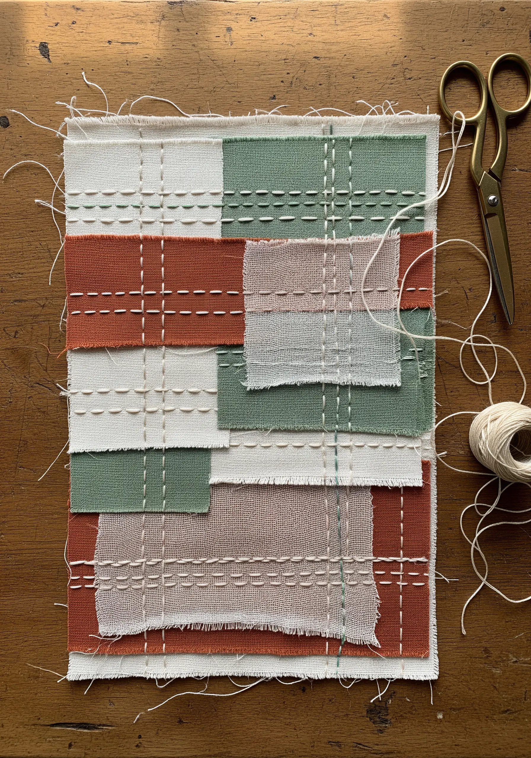 Fabric collage with rust, sage, and cream linen scraps stitched together with a white running stitch grid.