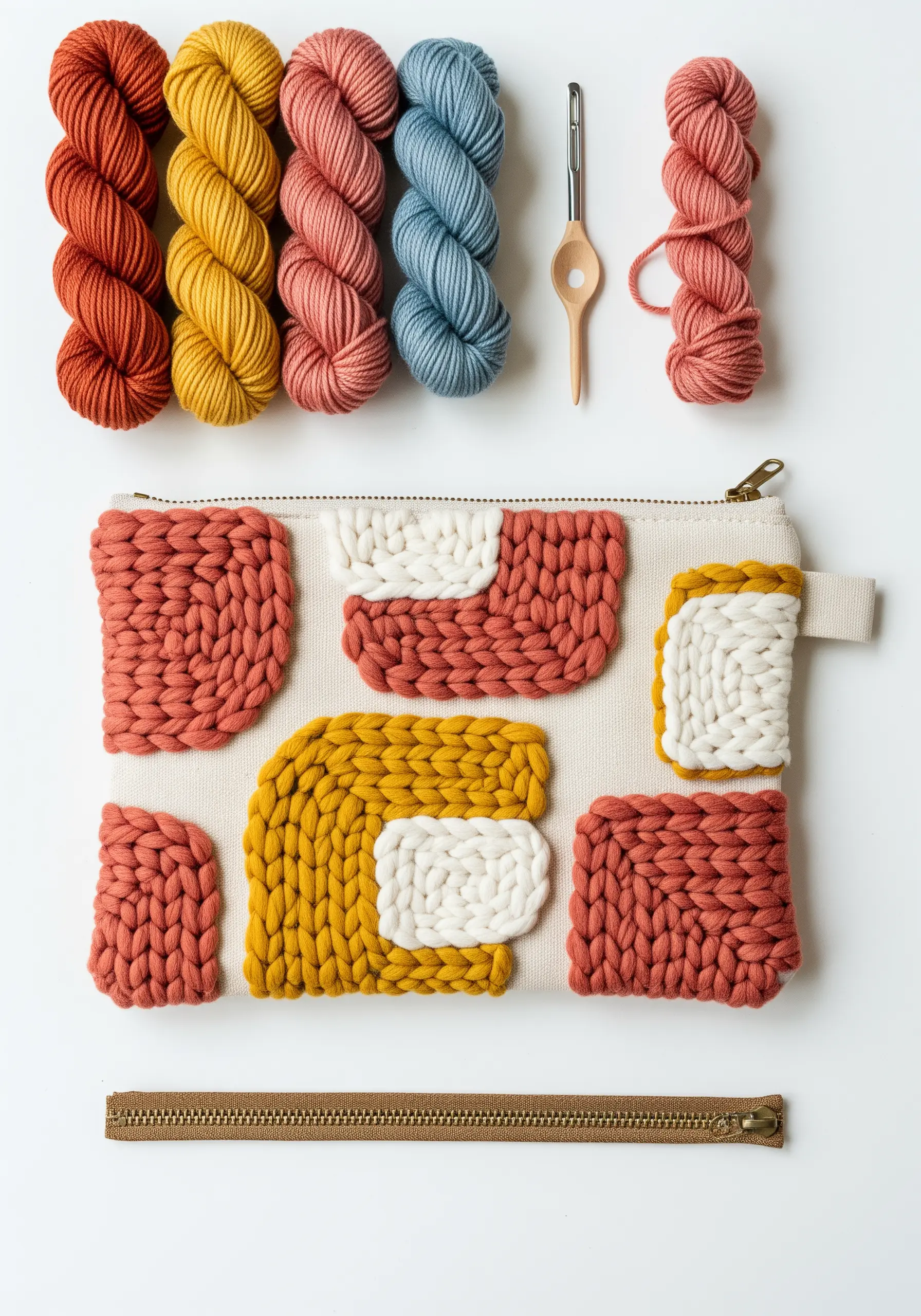 A canvas pouch embellished with chunky, colorful yarn woven into abstract shapes.