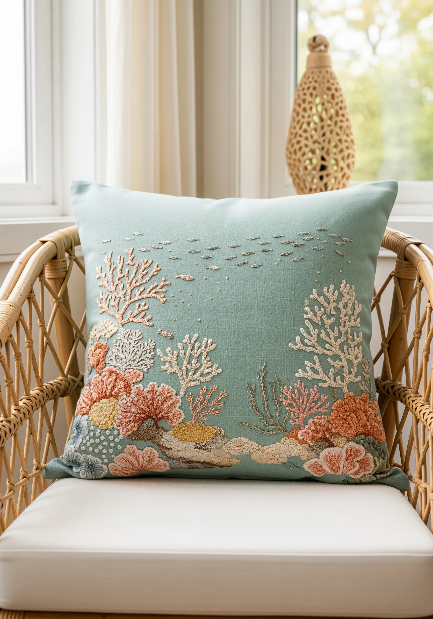 Embroidered coral reef scene on a seafoam green cushion with various textures.