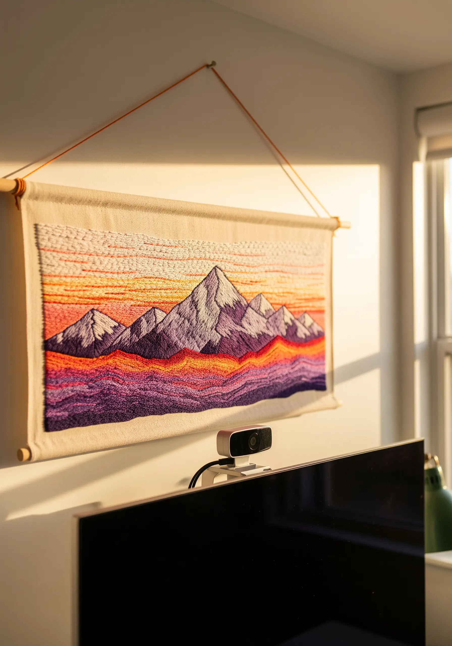 A large embroidered wall hanging of a mountain range at sunset.