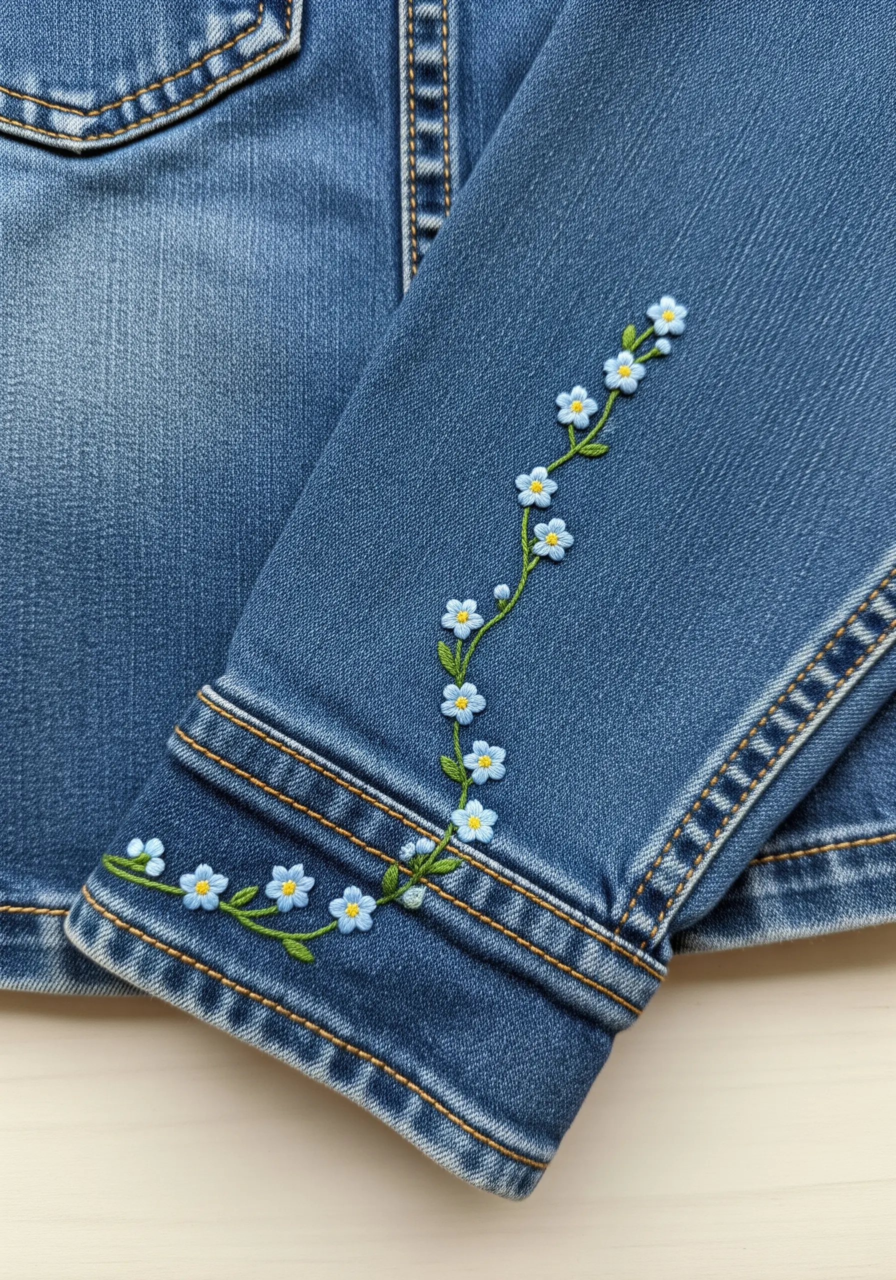 A delicate vine with small blue and white flowers embroidered along the cuff of a denim jacket.