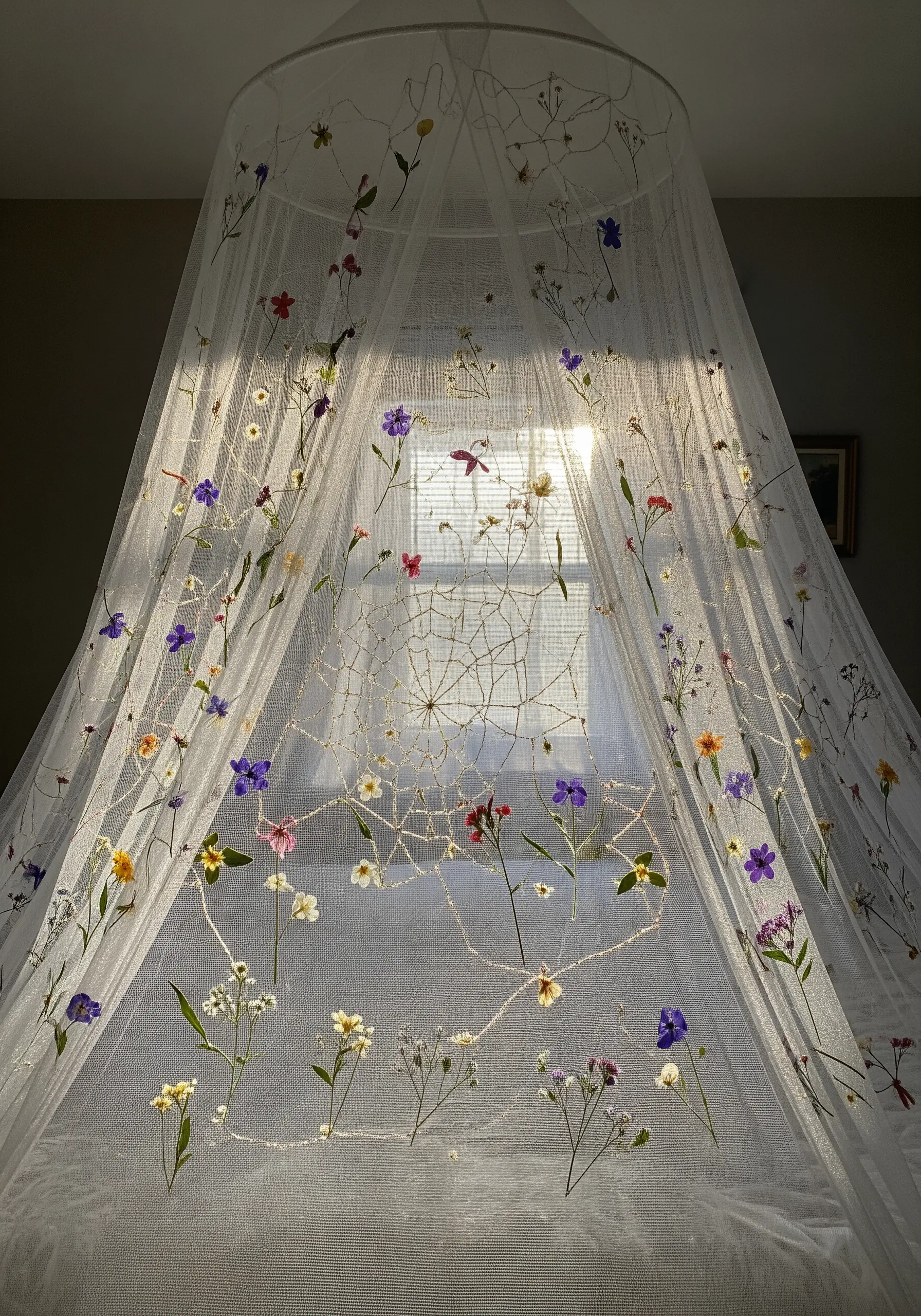 A sheer bed canopy decorated with a stitched web and scattered pressed wildflowers.