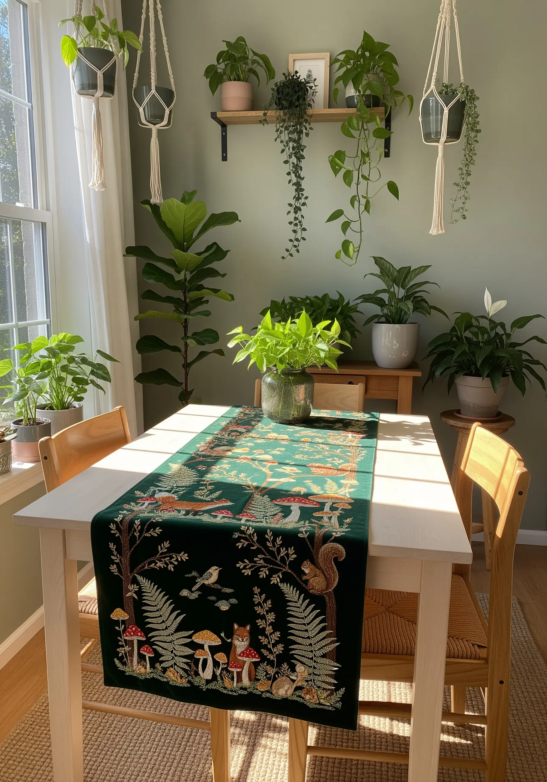 A dark green table runner with a detailed embroidered woodland scene of animals and plants