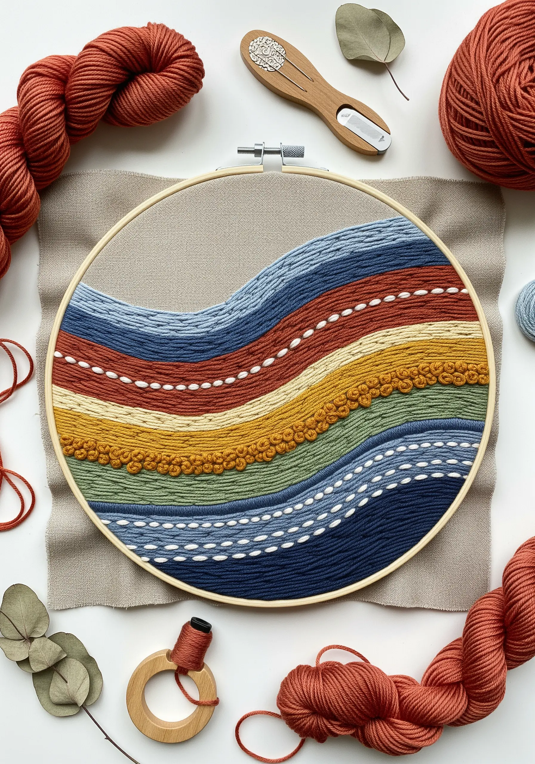 Abstract hoop art with textured waves of blue, red, and yellow yarn on neutral fabric.