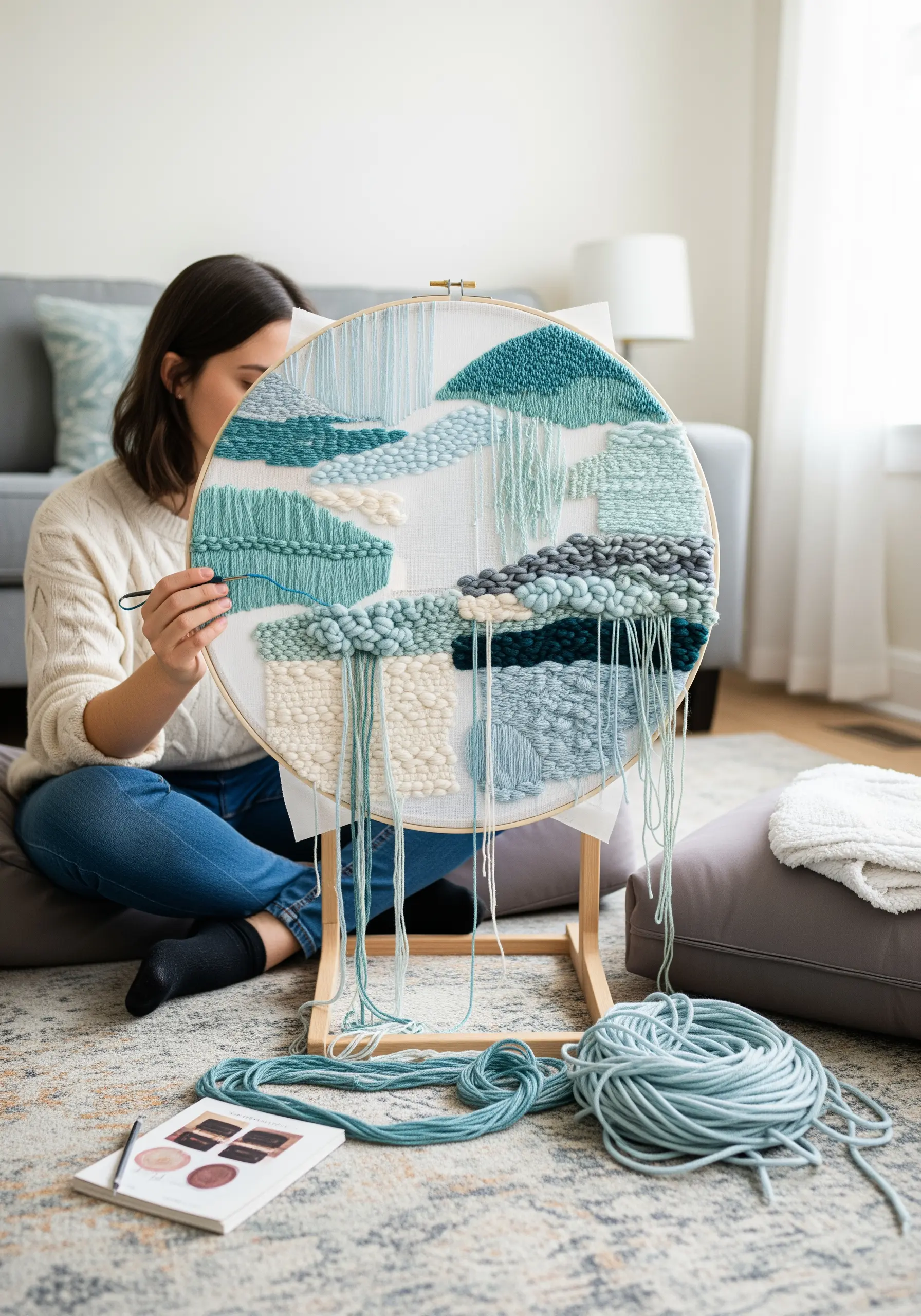 A woman creating a textural woven wall hanging inside a large embroidery hoop.