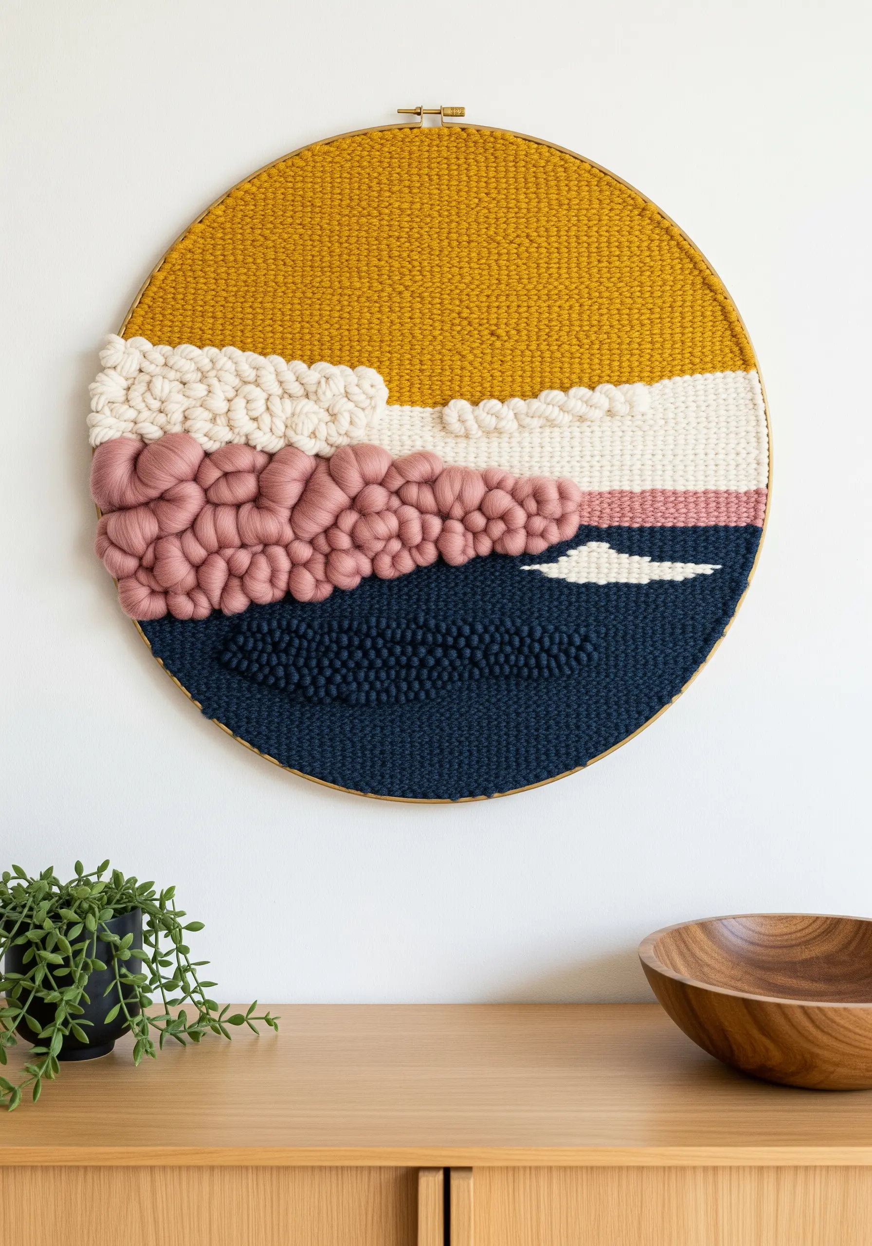 Circular woven wall art depicting an abstract sunset over water with textured pink clouds.