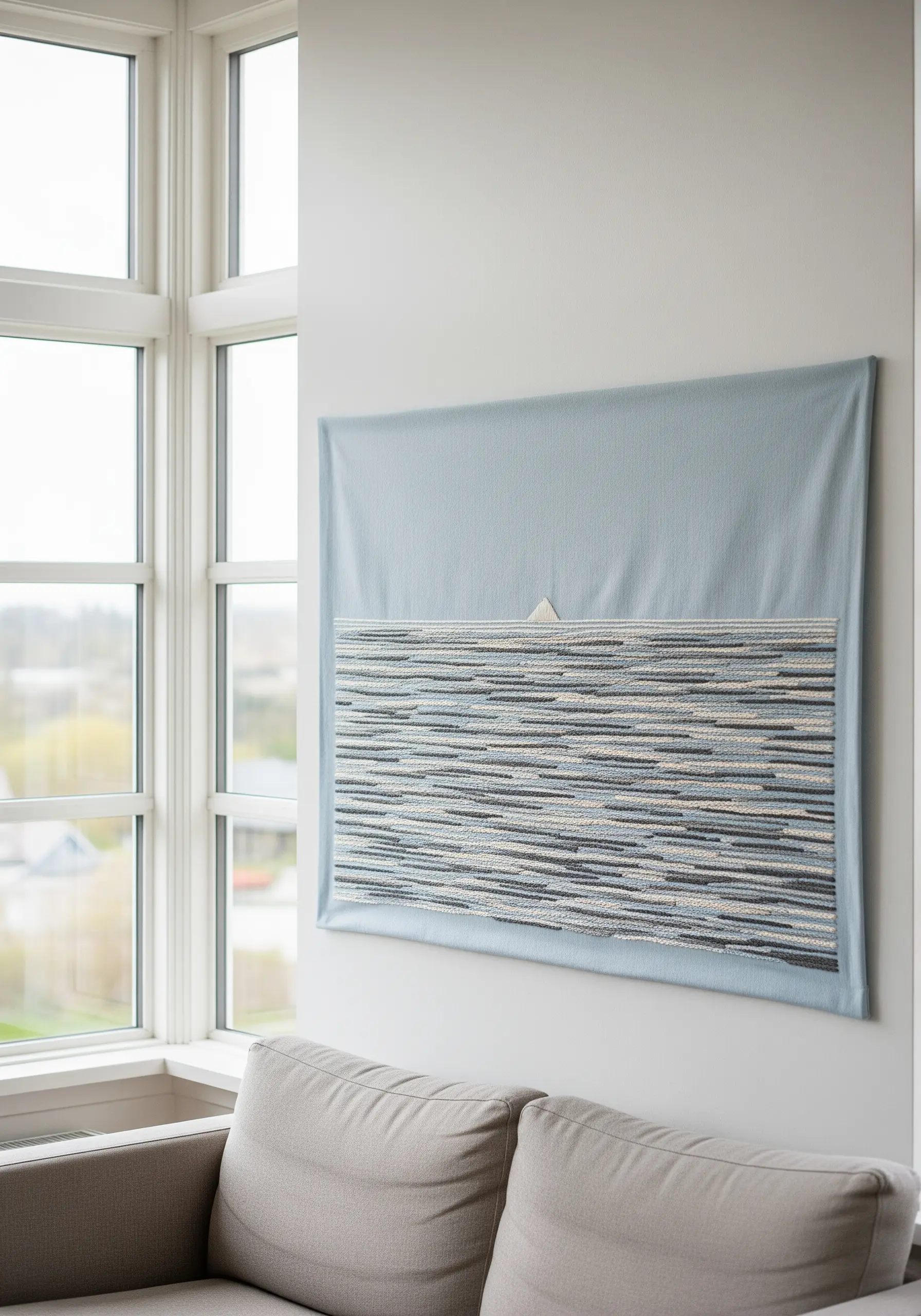 A light blue wall hanging with a dense, horizontally stitched abstract seascape texture.