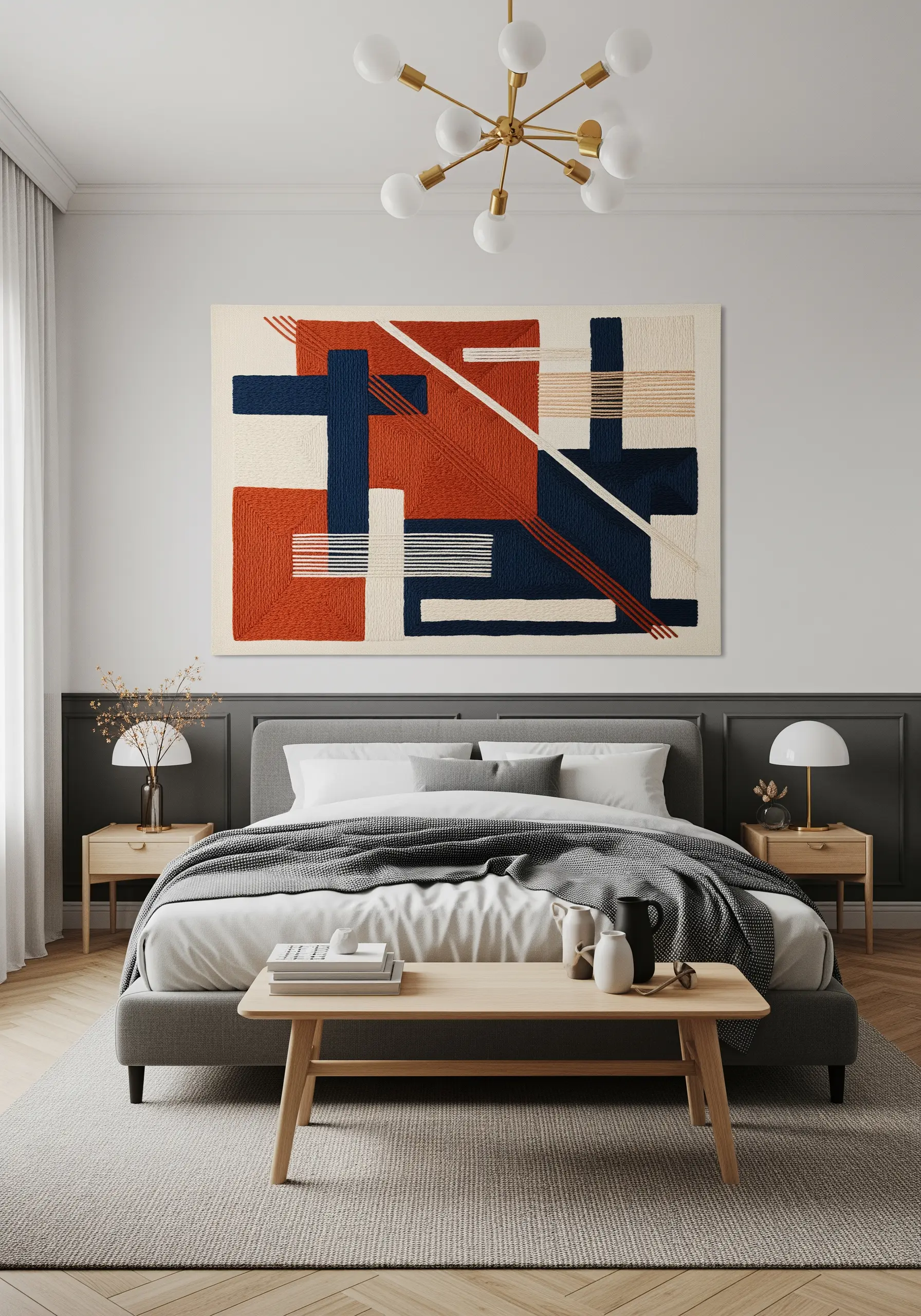 A large, abstract woven wall hanging with geometric blocks of red, blue, and cream-colored yarn.