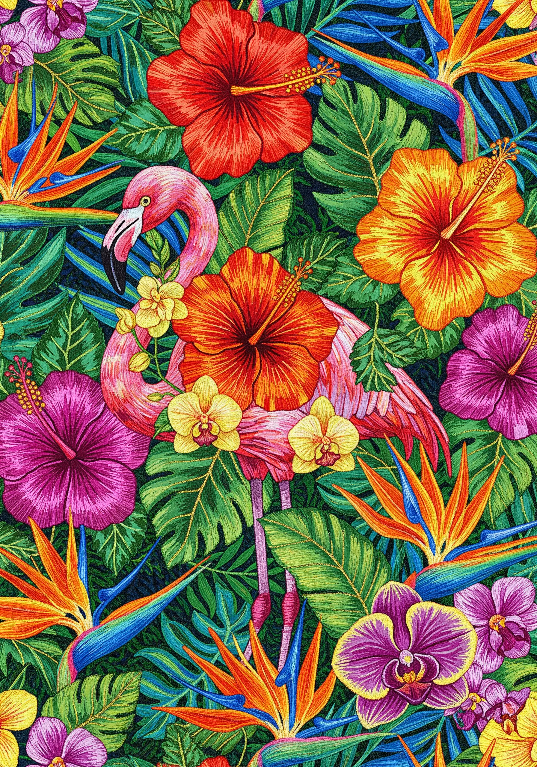 A dense, all-over embroidery pattern of a flamingo surrounded by tropical flowers and leaves.