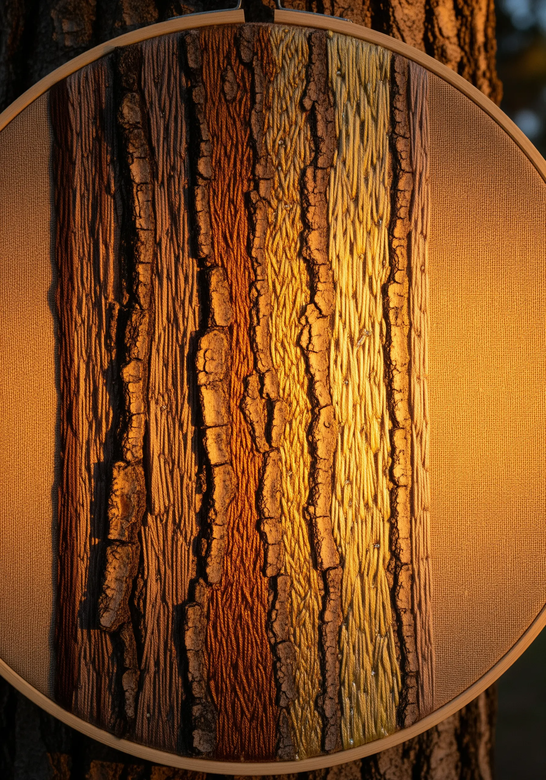 Embroidery hoop with textured stitches held up against a real tree bark in sunlight.