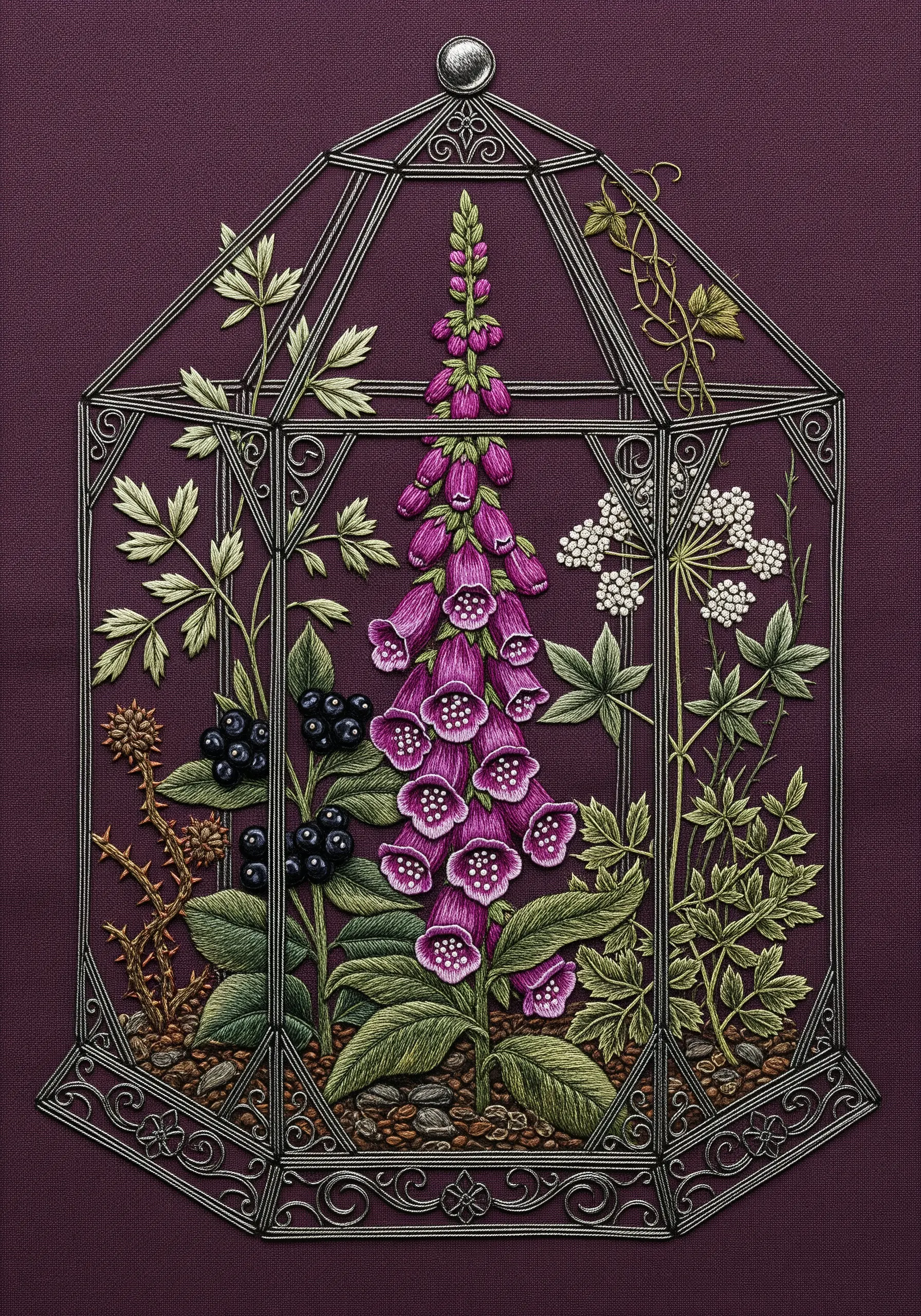 Highly detailed embroidery of foxgloves and other botanicals in an ornate terrarium