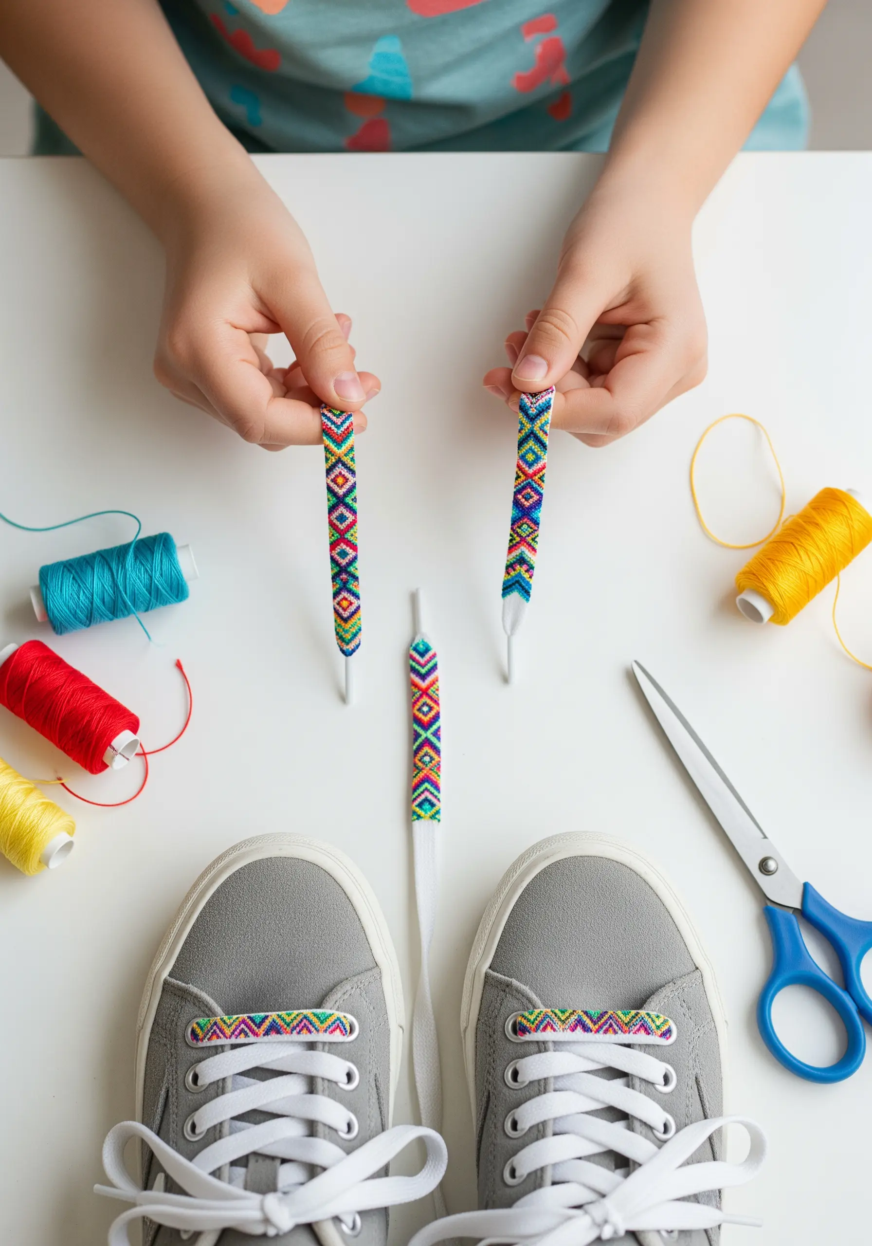 Shoelaces with colorful geometric patterns created by wrapping embroidery floss around them.