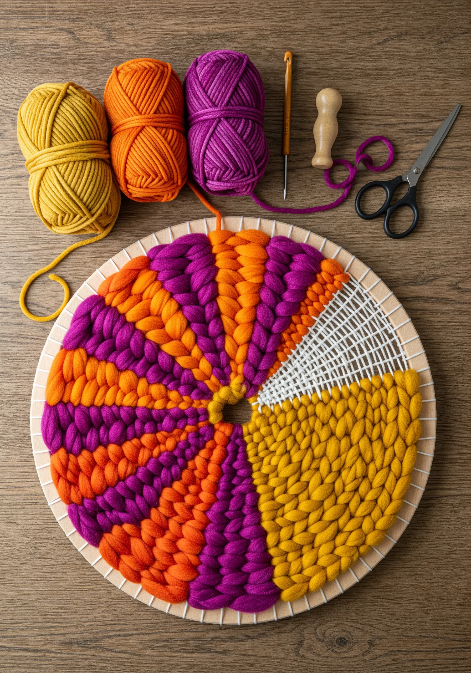 Circular weaving in progress with bold yellow, orange, and purple yarn sections.