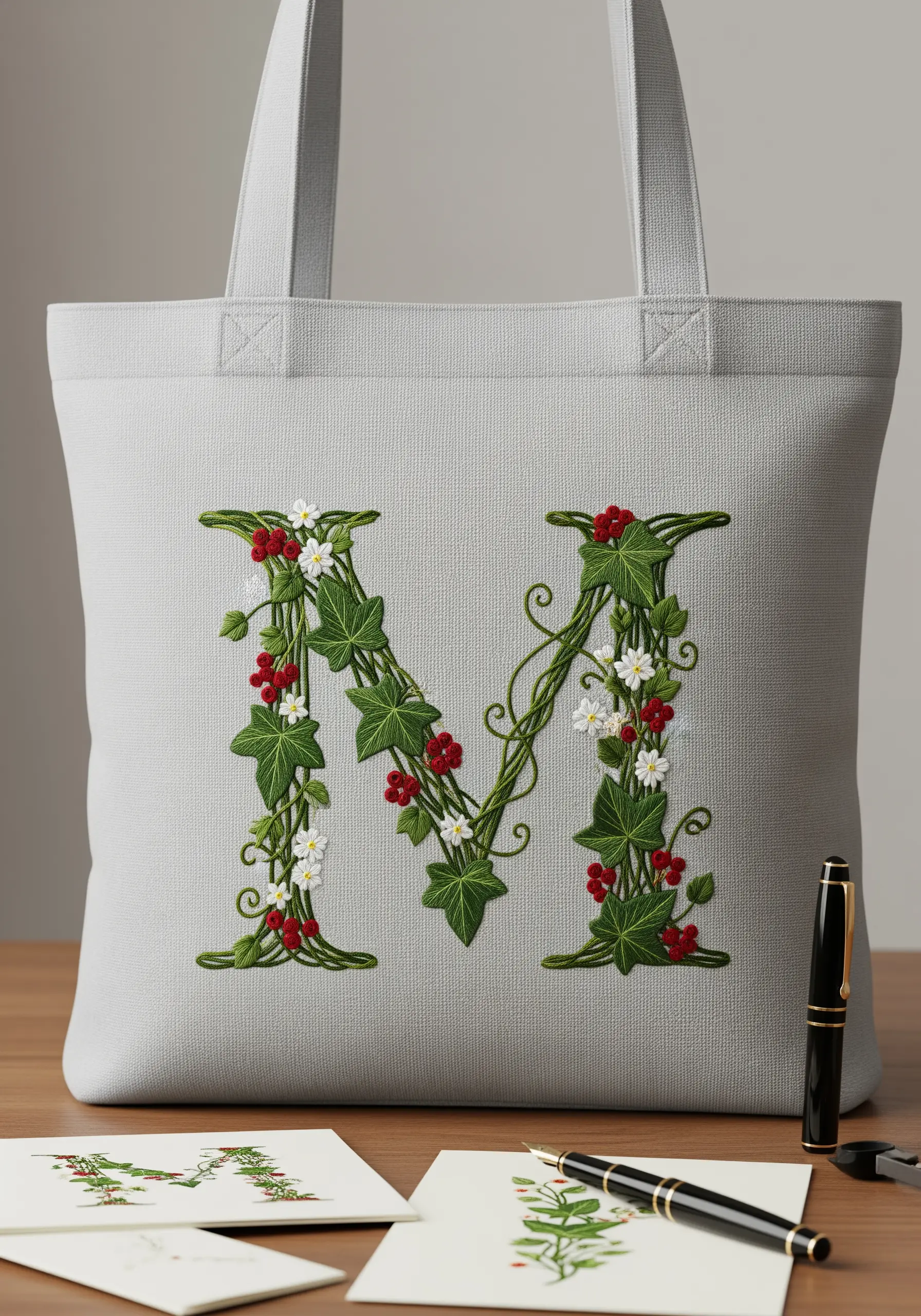 The letter M formed from embroidered ivy vines, white flowers, and red berries.