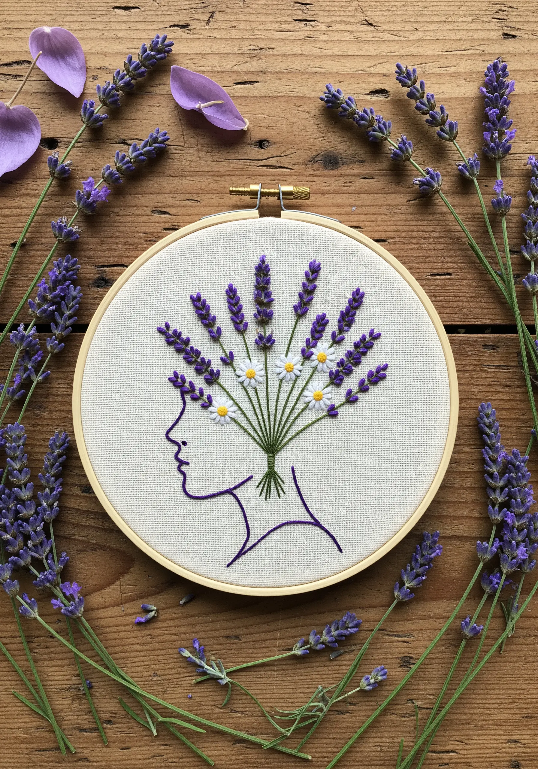 A profile silhouette in purple thread, with a bouquet of lavender and daisies for hair.