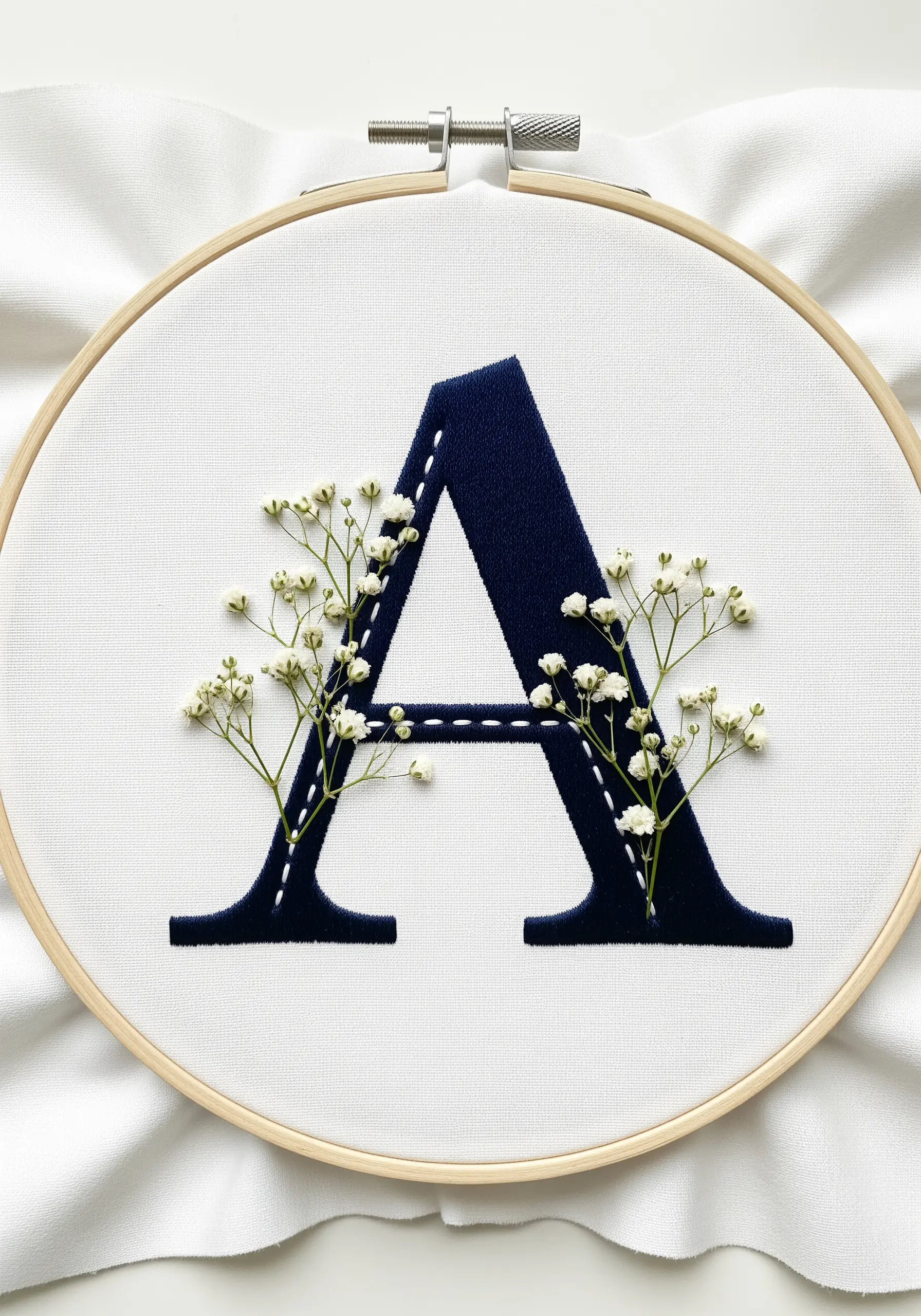 A navy blue embroidered letter 'A' with sprigs of baby's breath woven into the stitches.