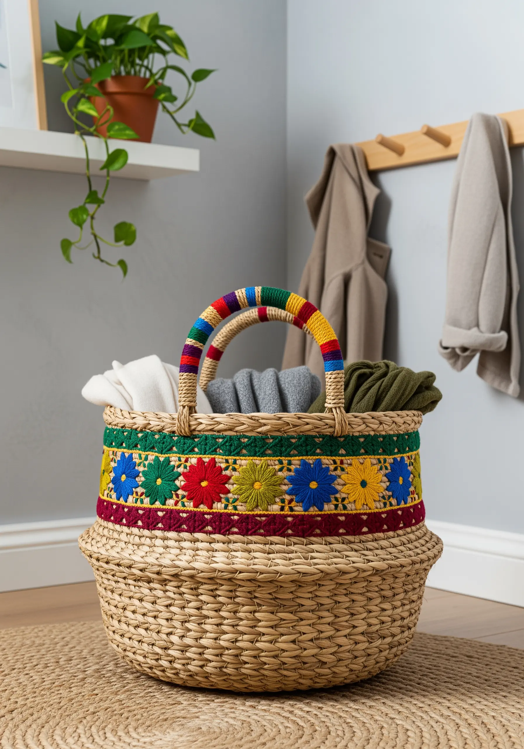 A woven wicker basket embellished with a colorful band of embroidered flowers.