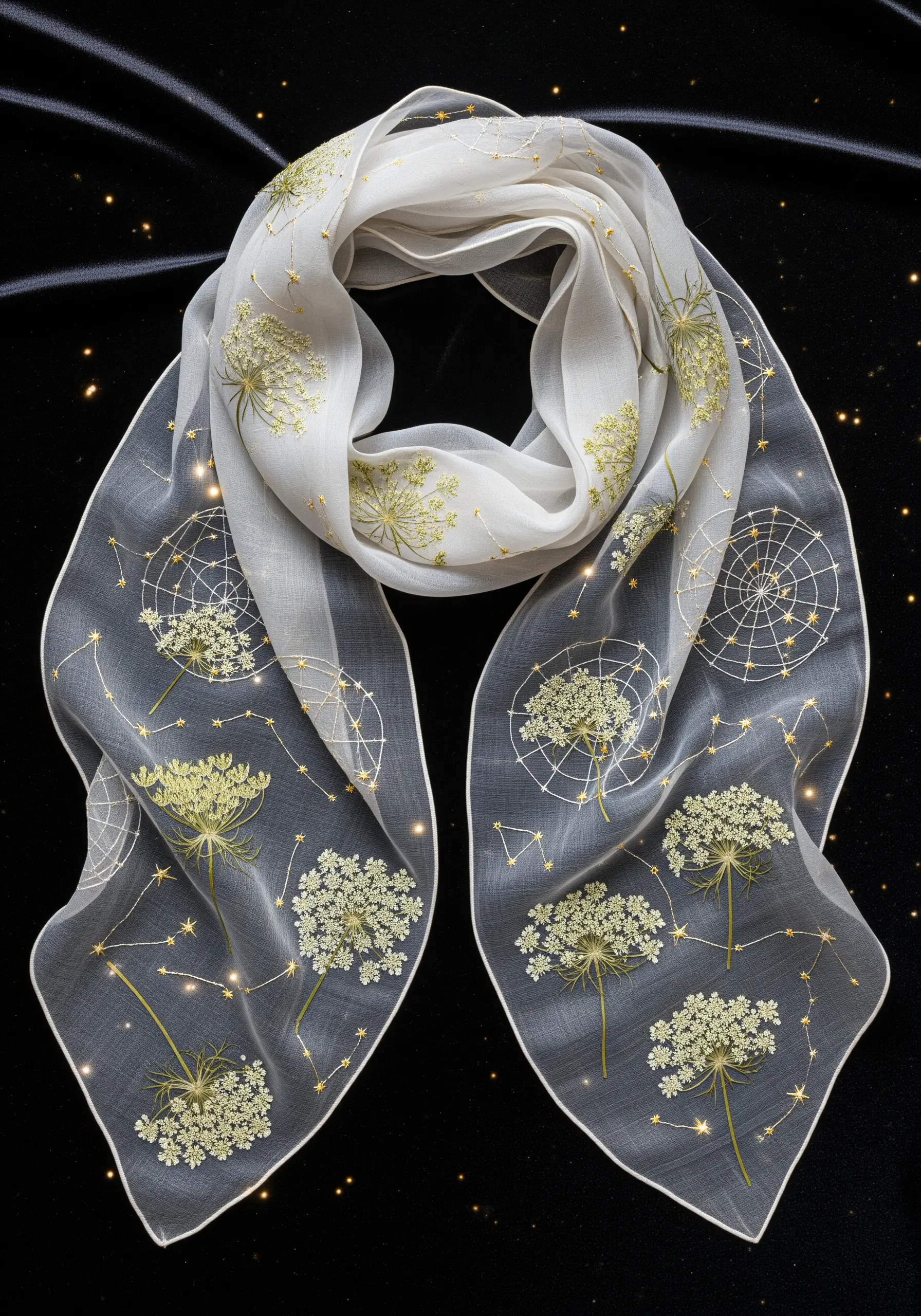Pressed Queen Anne's Lace and gold constellation embroidery on a sheer white scarf.