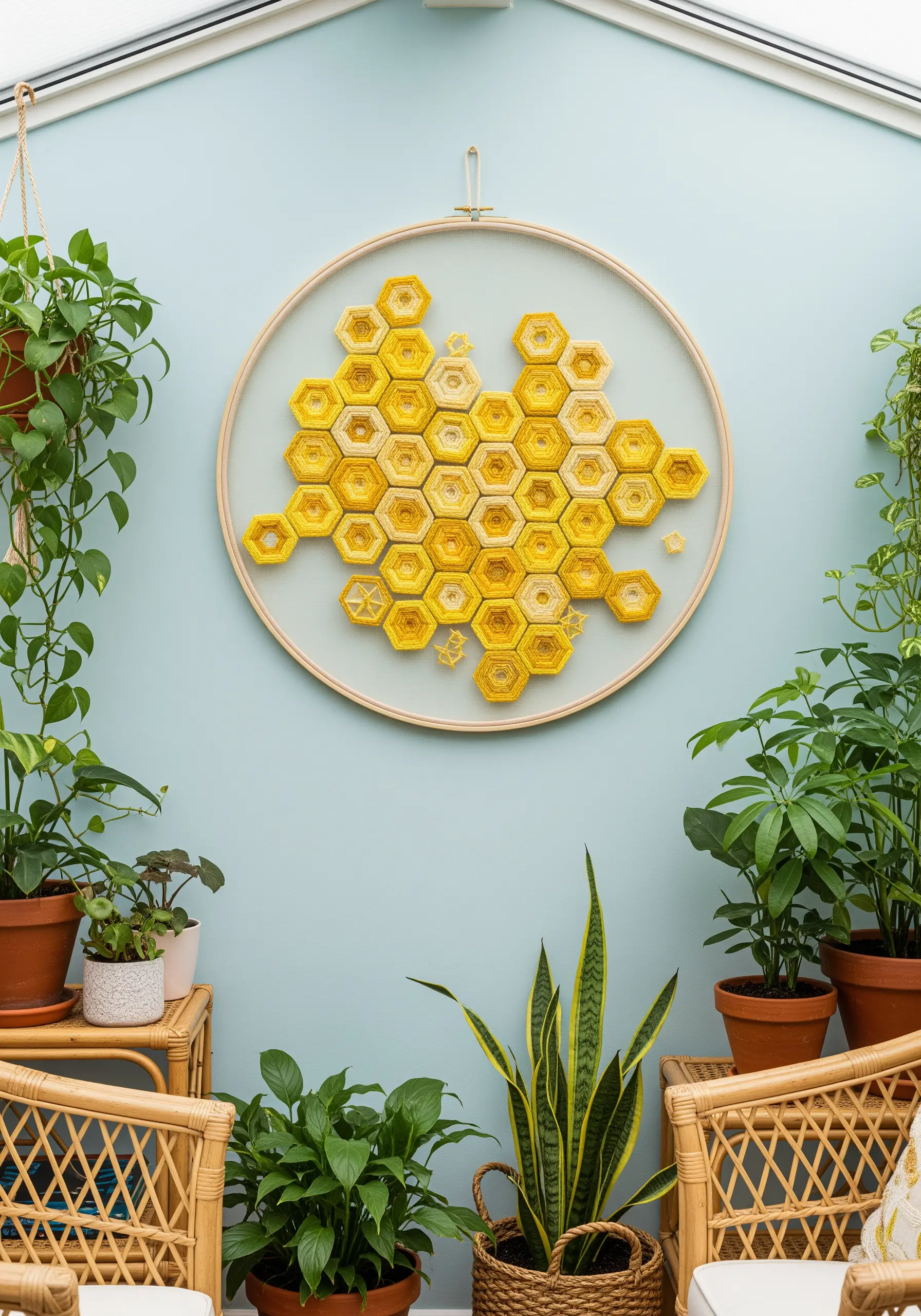 A large embroidery hoop with a textured honeycomb pattern in shades of yellow.