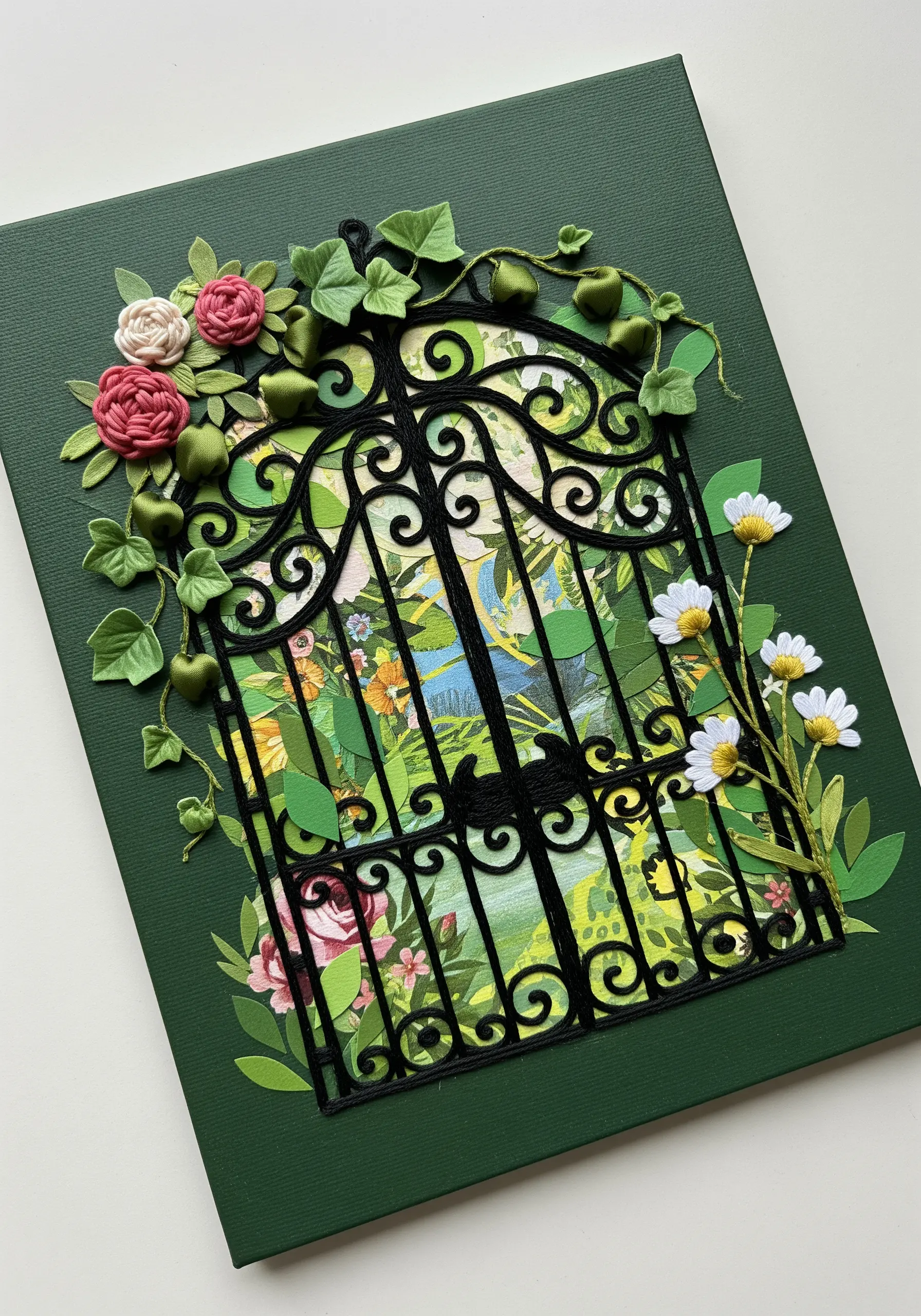 Collage of a garden gate with 3D ribbon embroidery roses and leaves climbing over it.