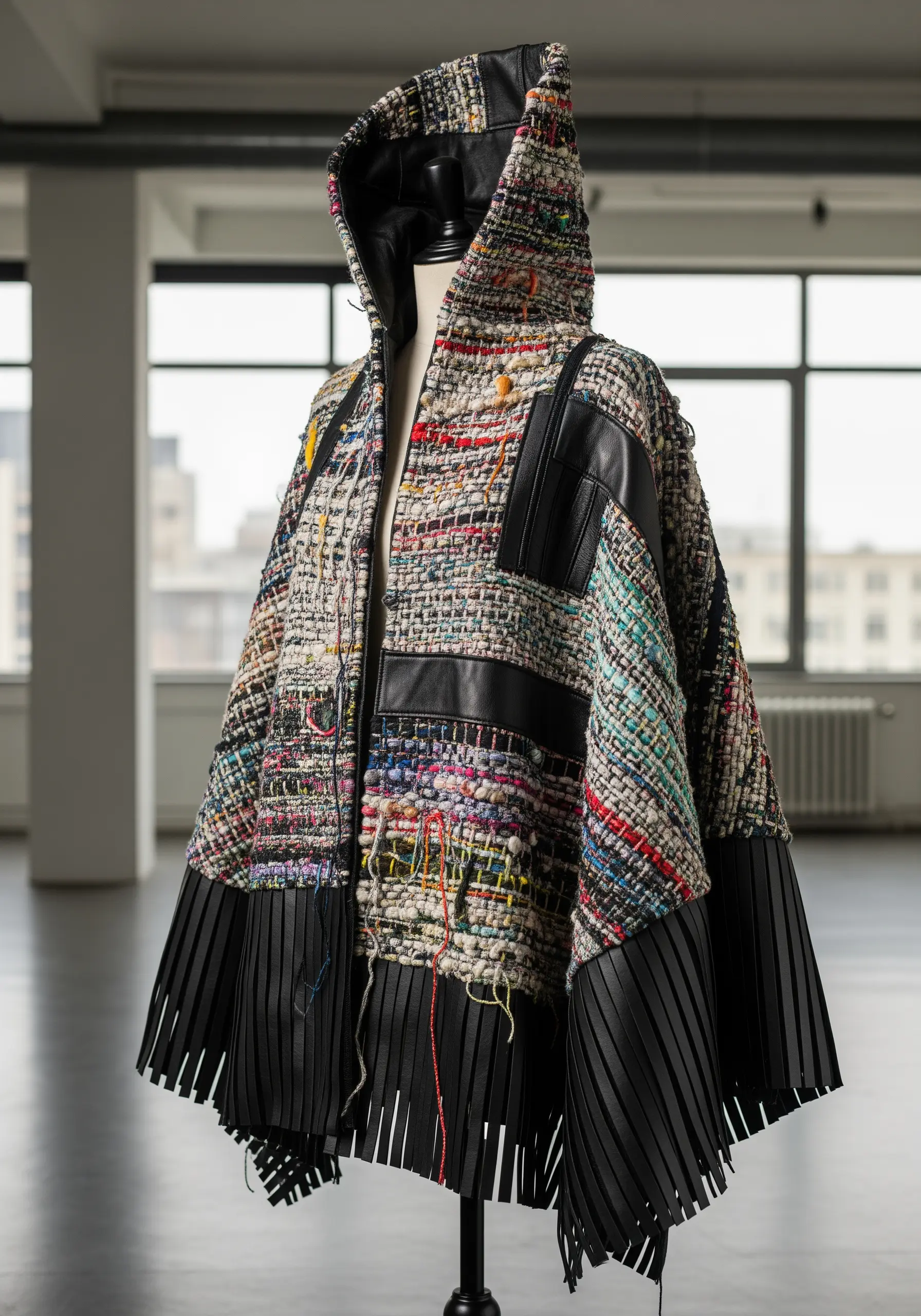 A woven hooded poncho with colorful textured fabric, black leather accents, and fringe.