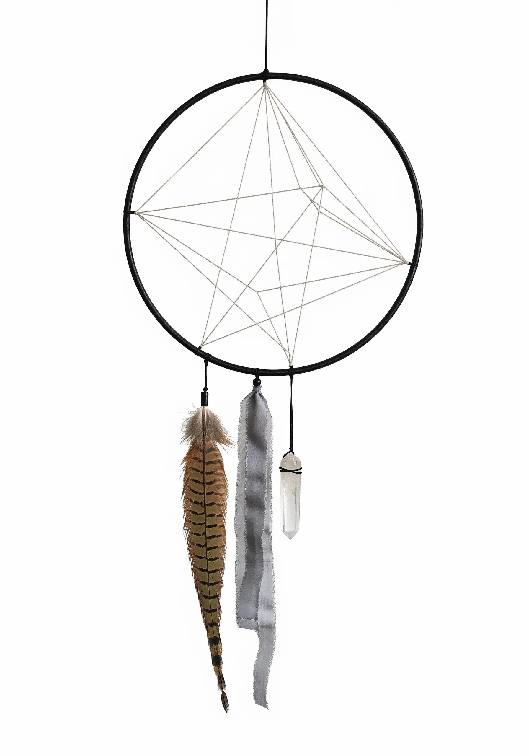 A modern dreamcatcher with a geometric string pattern, a feather, and a crystal.