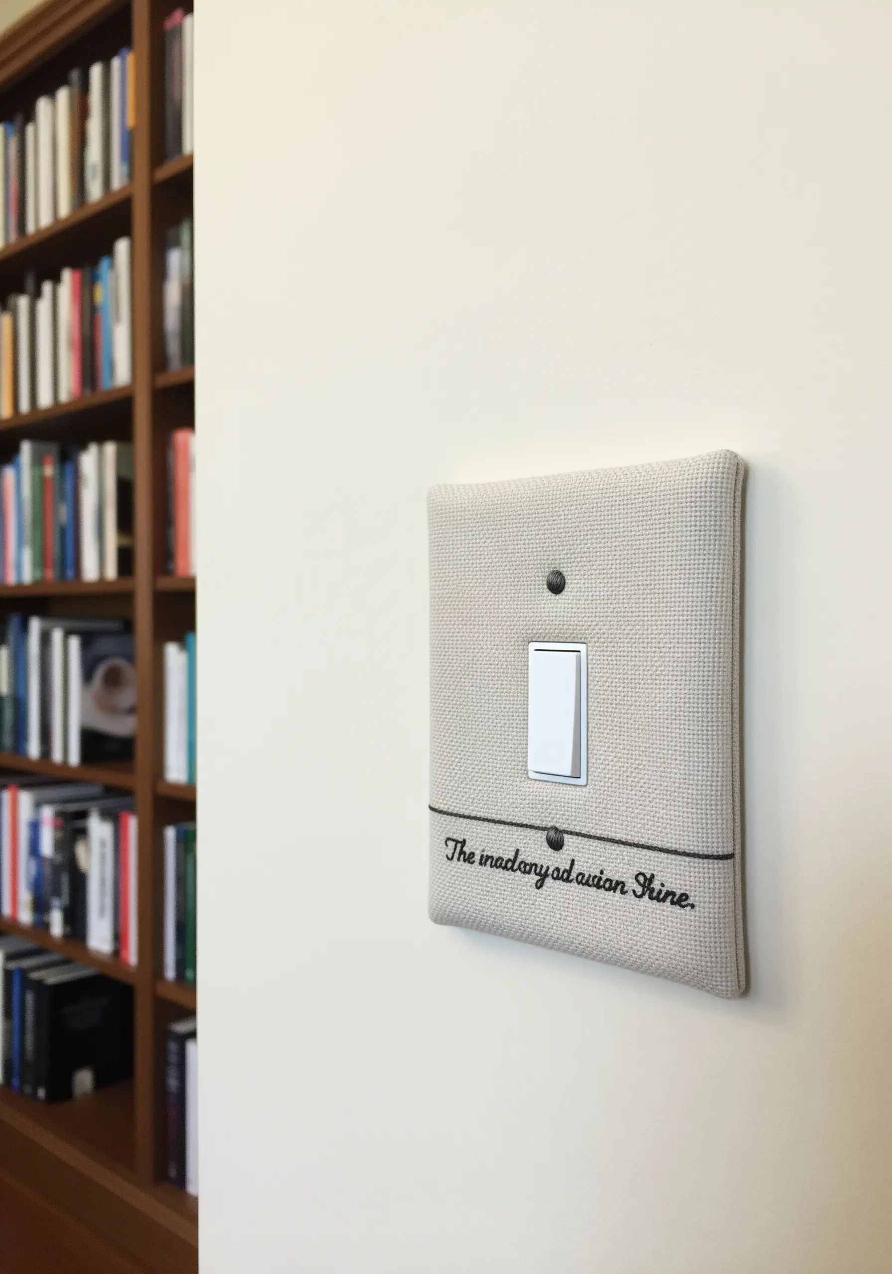 A fabric-covered light switch with a line of fine, cursive text embroidered along the bottom.