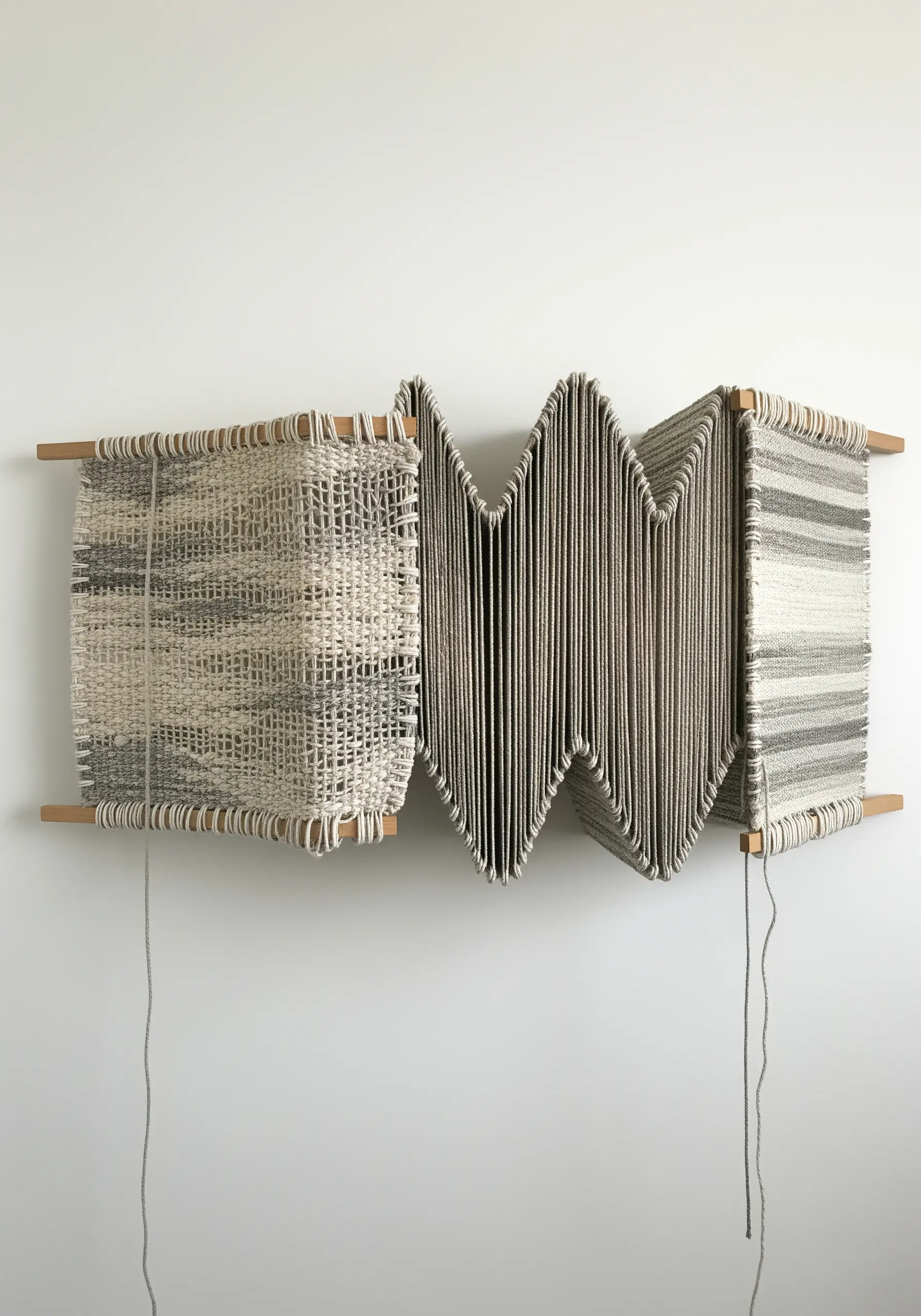 A sculptural weaving stretched between two wooden bars, with folded and accordion-like sections.