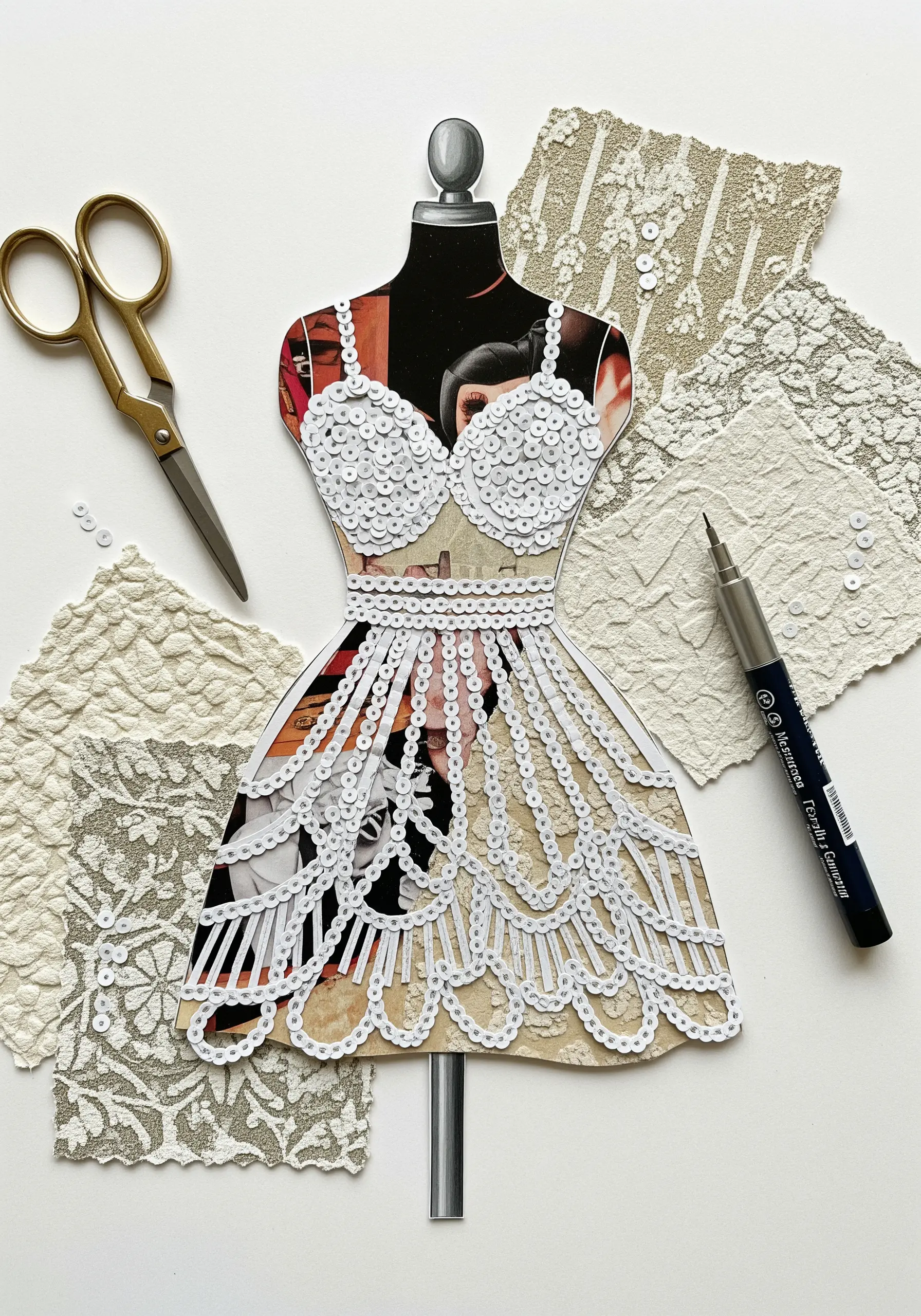 A dress form collage with a bodice made of magazine cutouts, overlaid with white paper lace.