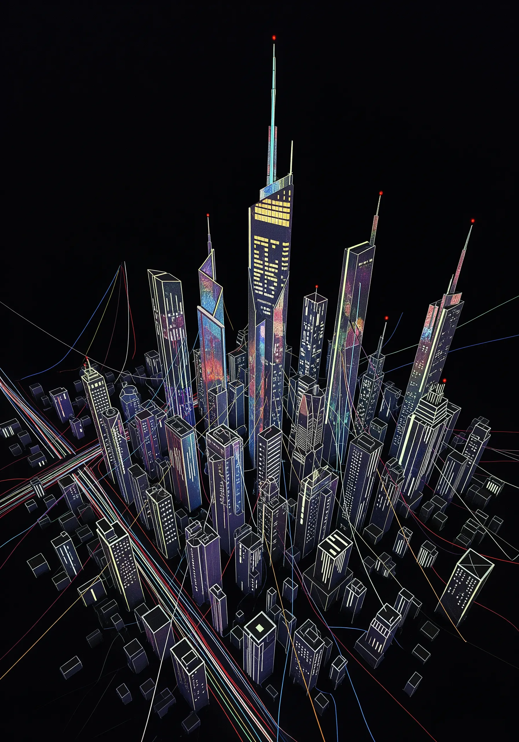 A futuristic paper collage cityscape with colorful lines weaving between the buildings.